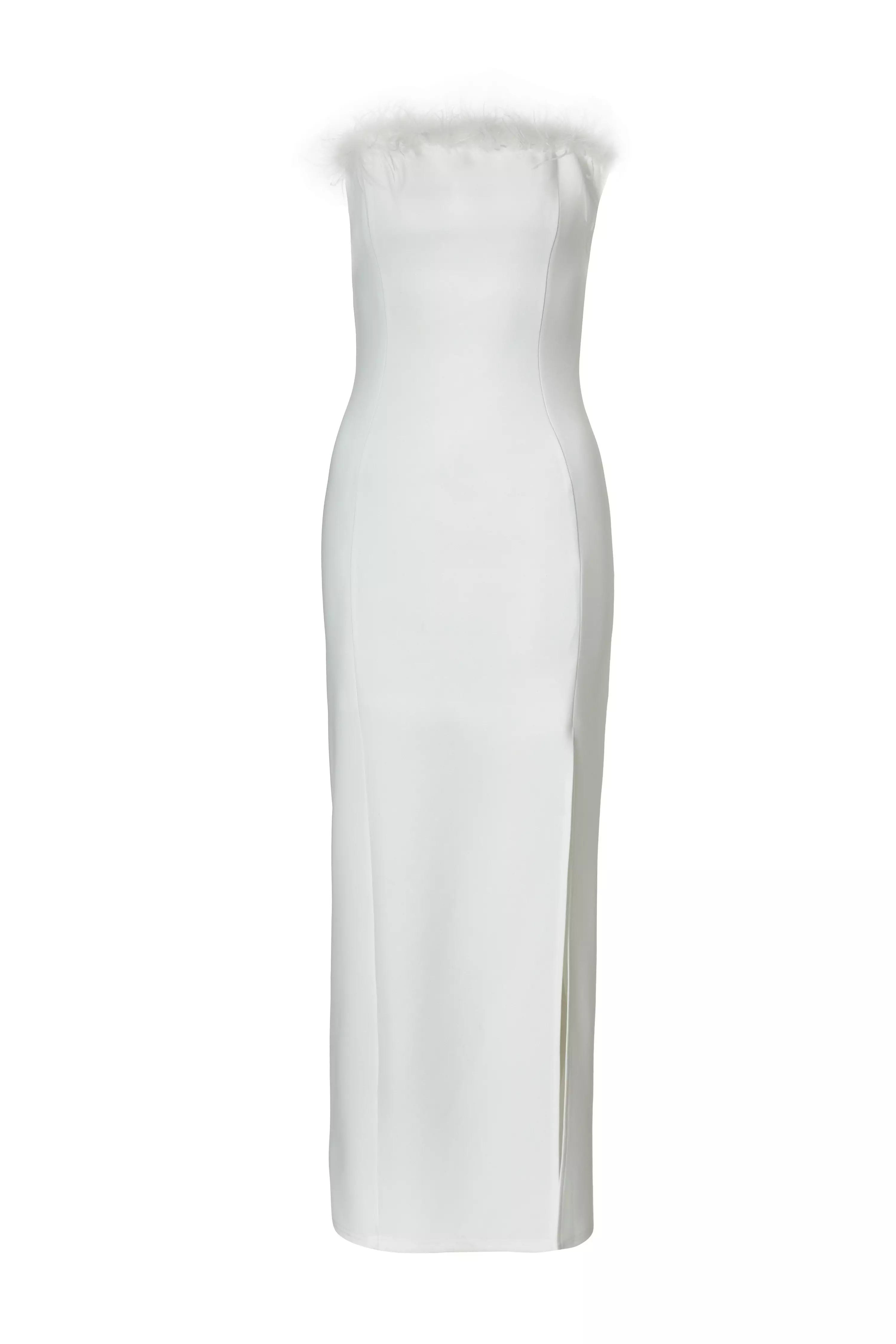 White Feather Trim Midaxi Dress