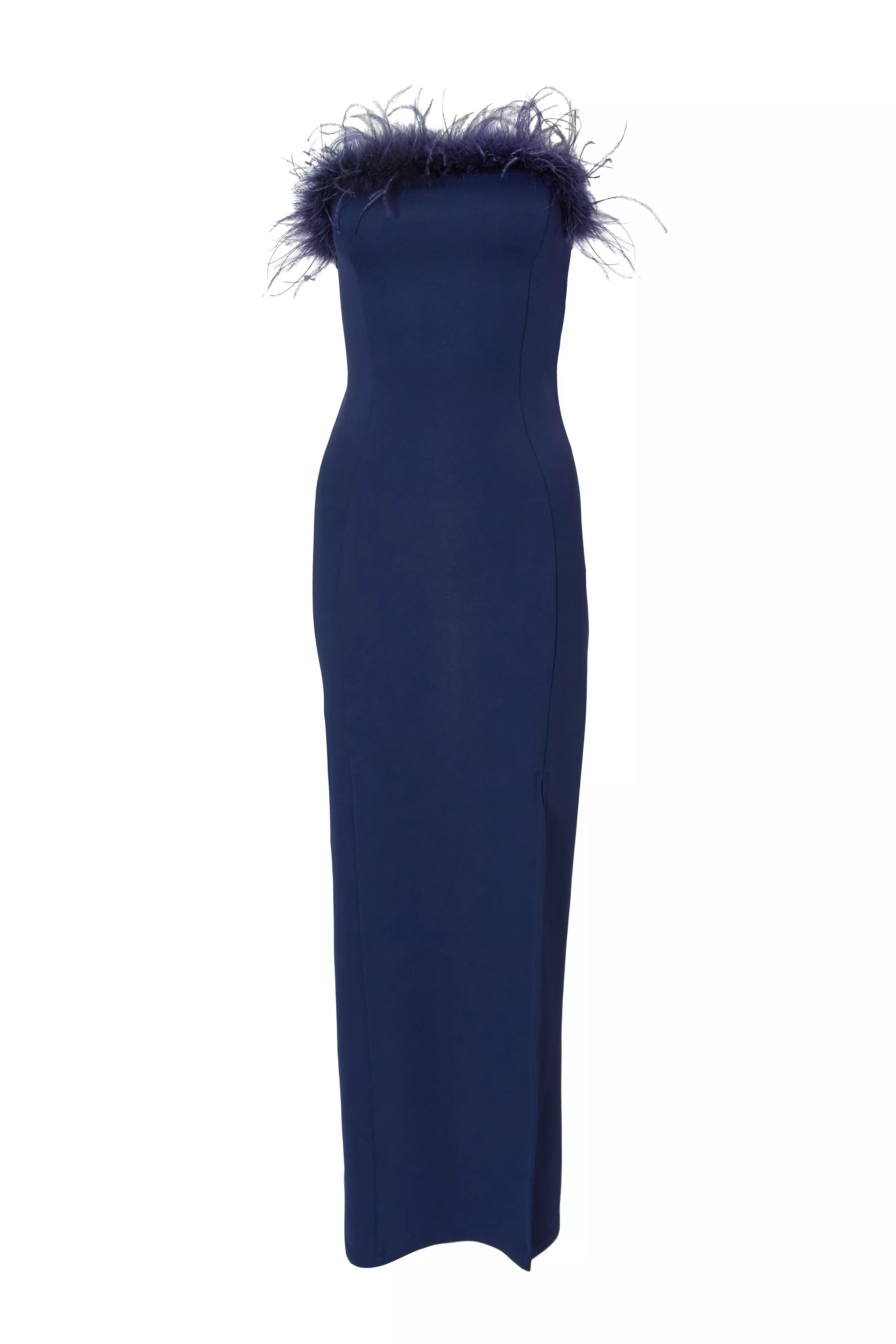 Navy Feather Trim Midaxi Dress