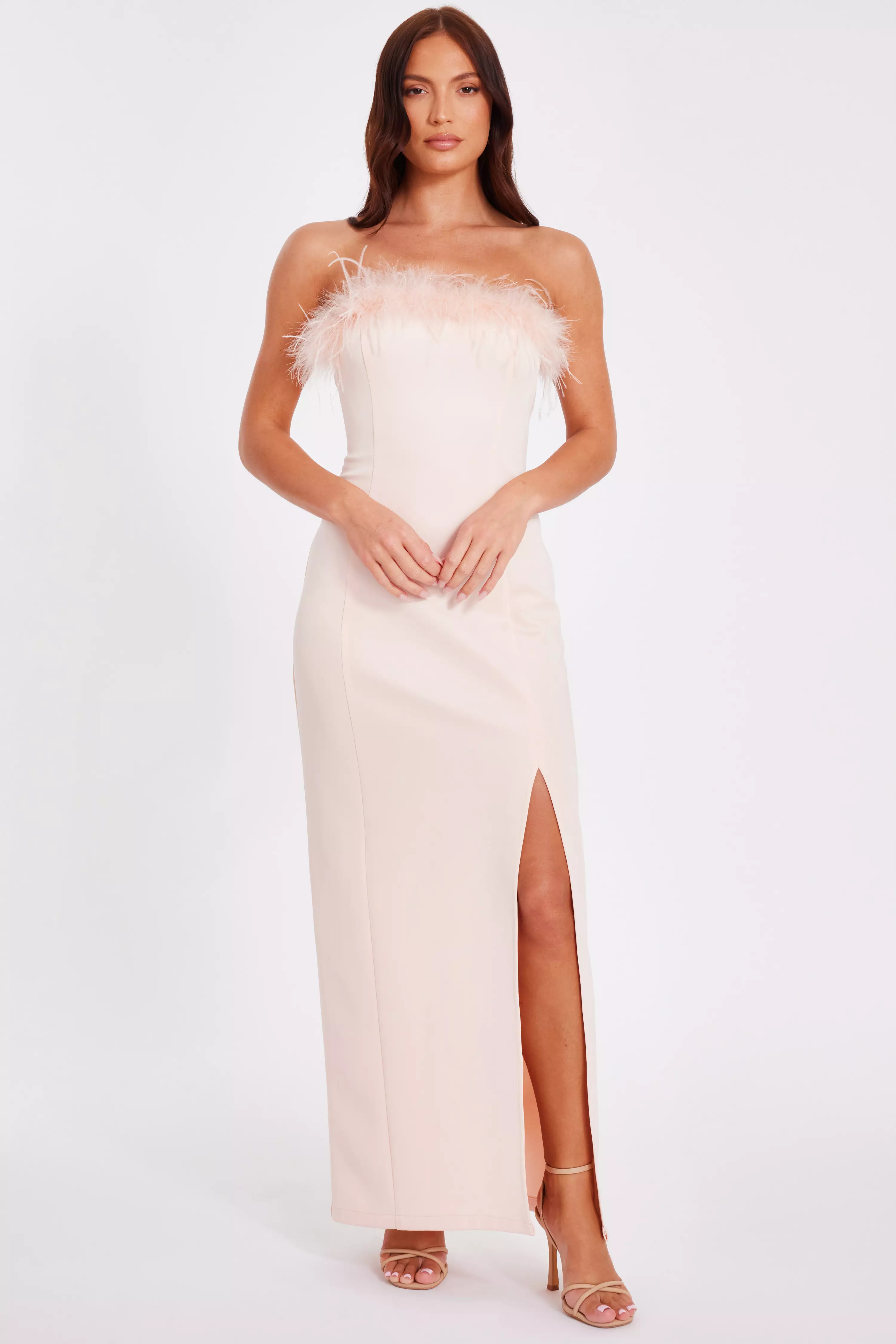 Peach Feather Trim Midaxi Dress