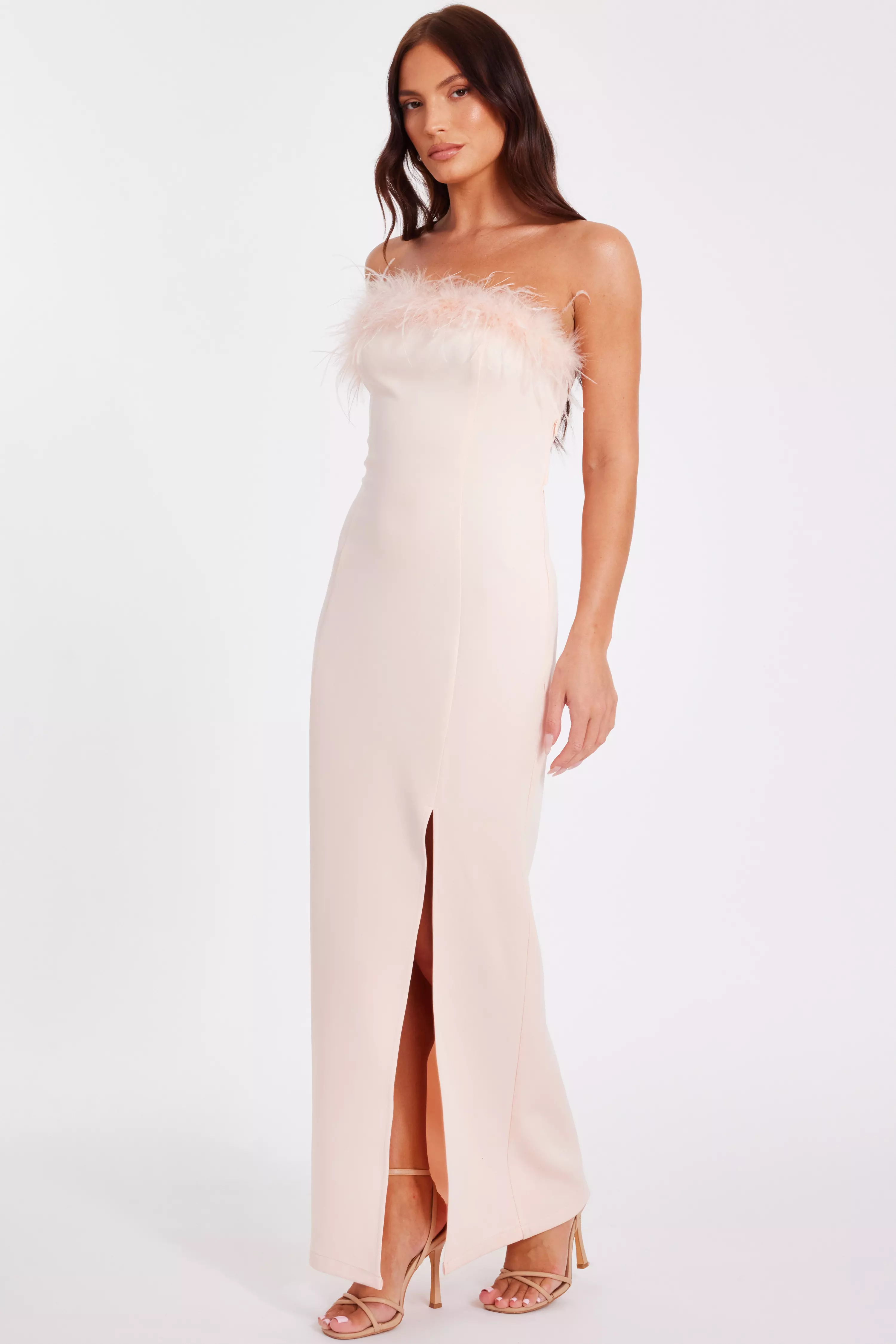 Peach Feather Trim Midaxi Dress