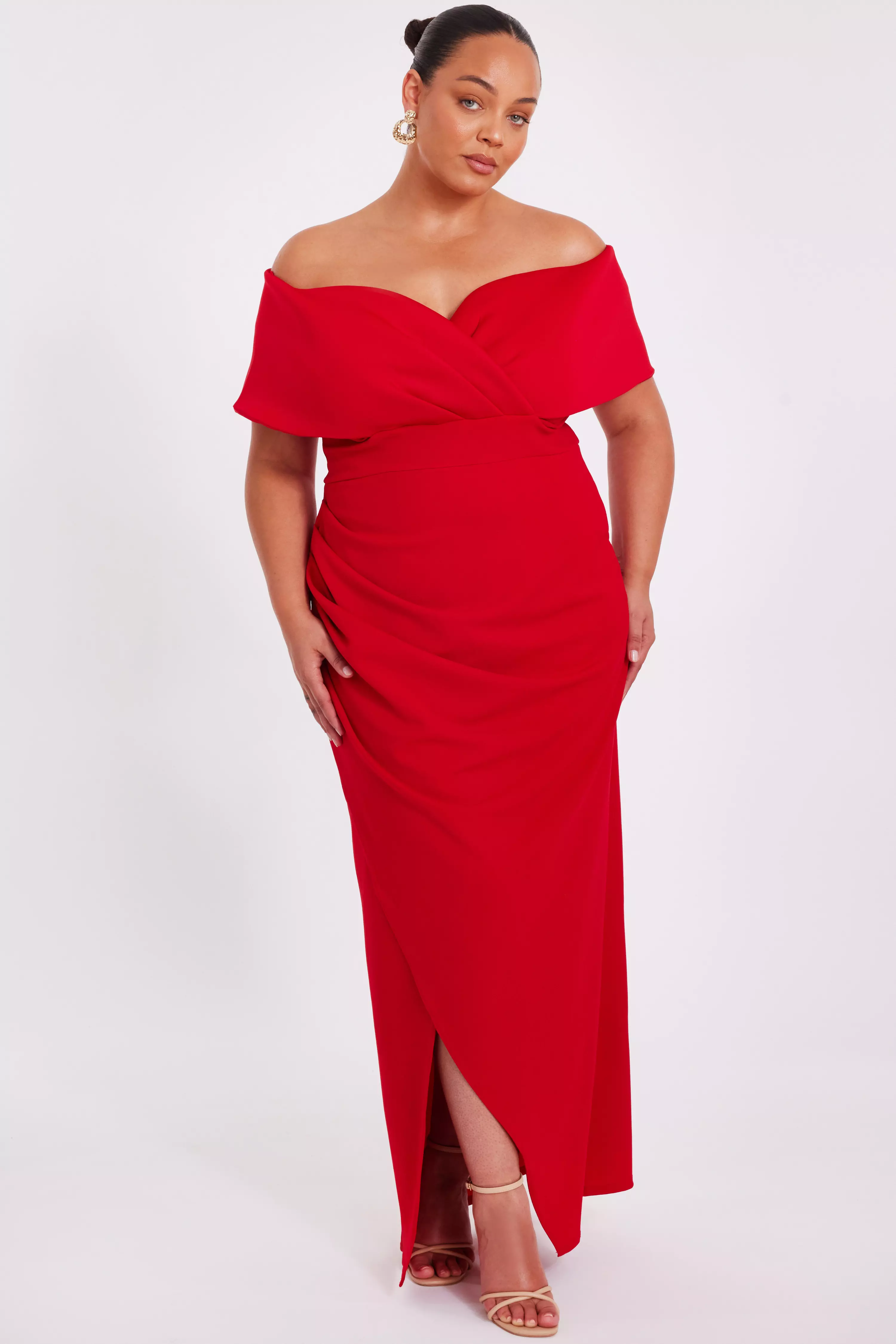 Curve Red Bardot Wrap Maxi Dress