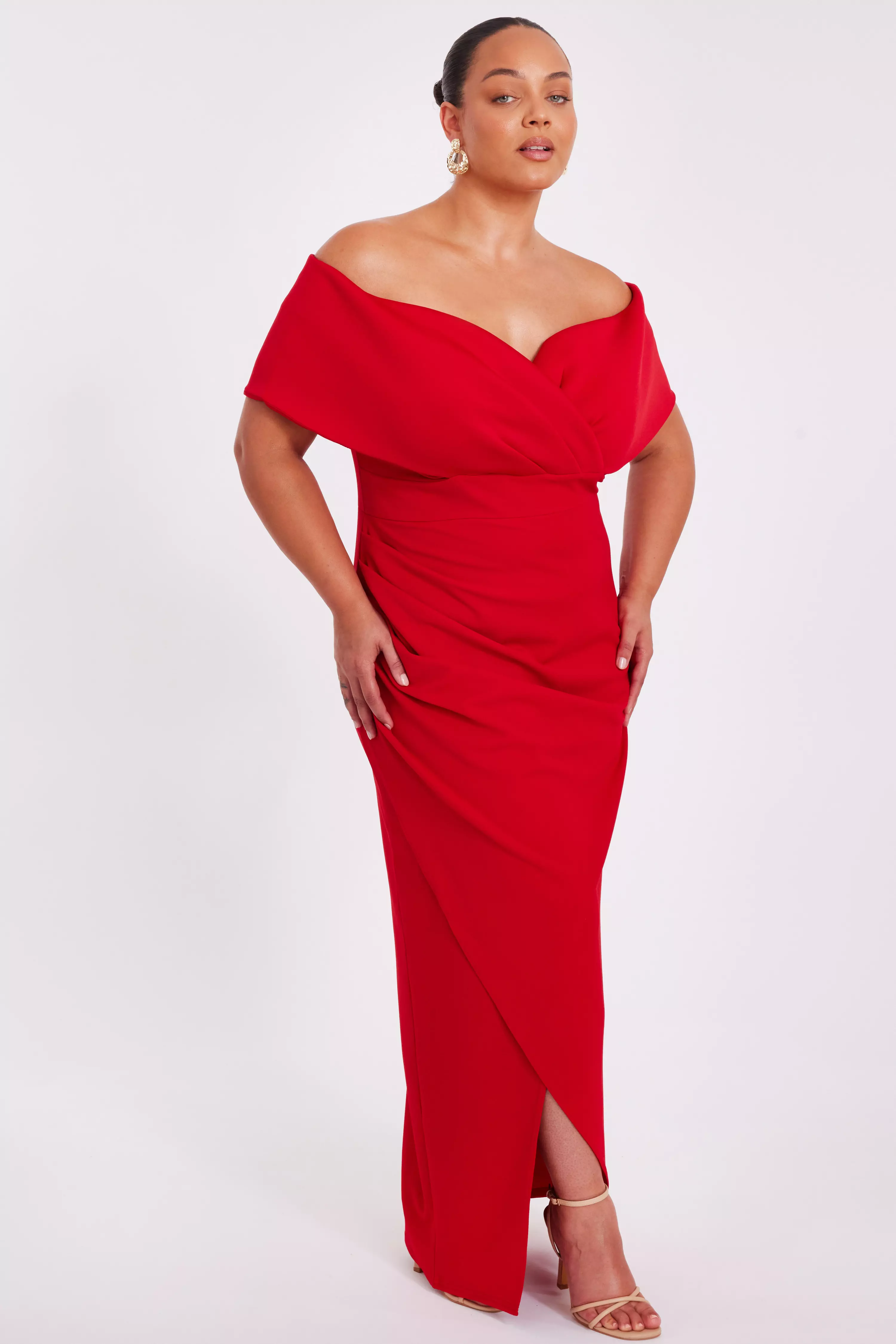 Curve Red Bardot Wrap Maxi Dress