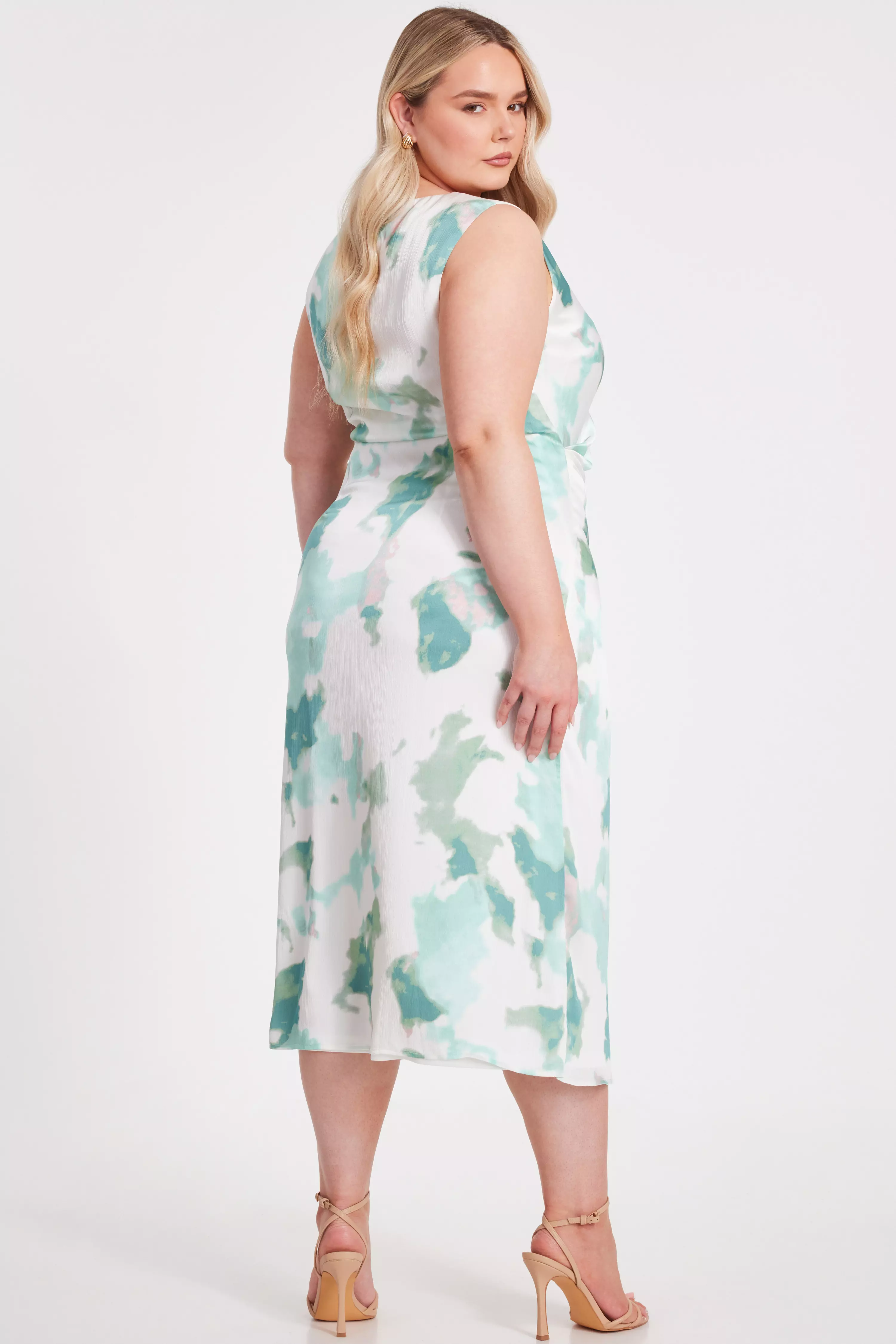 Green Curve Satin Marble Midaxi Dress