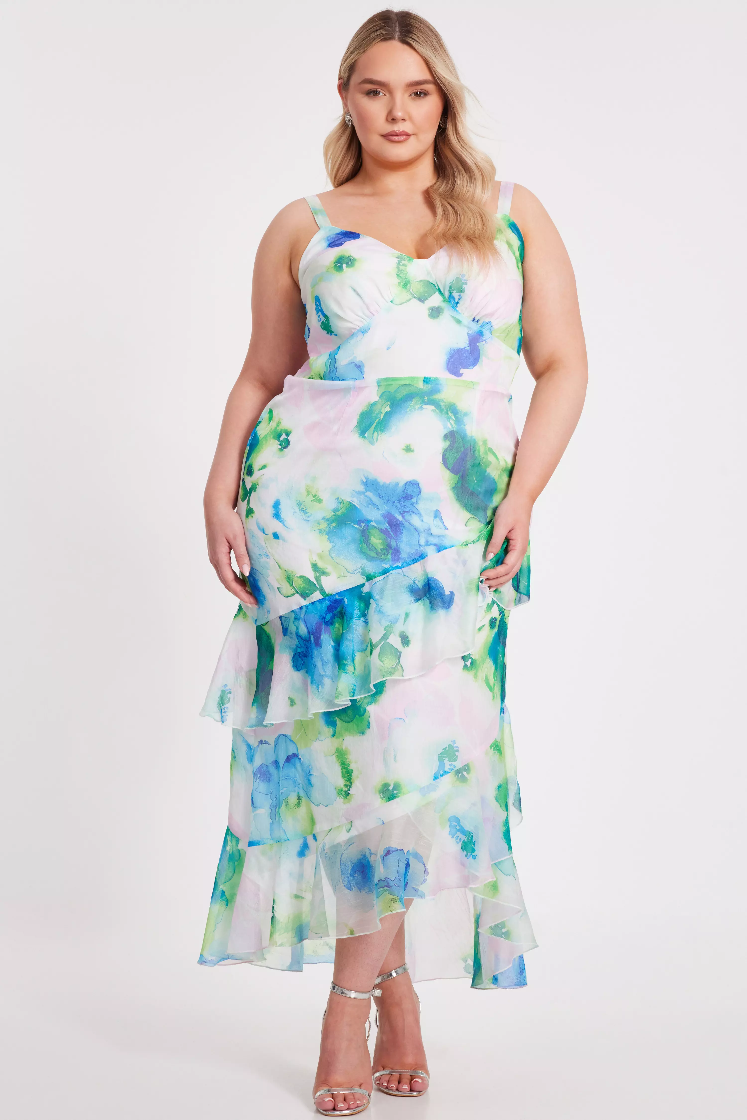 Curve Blue Floral Chiffon Midaxi Dress