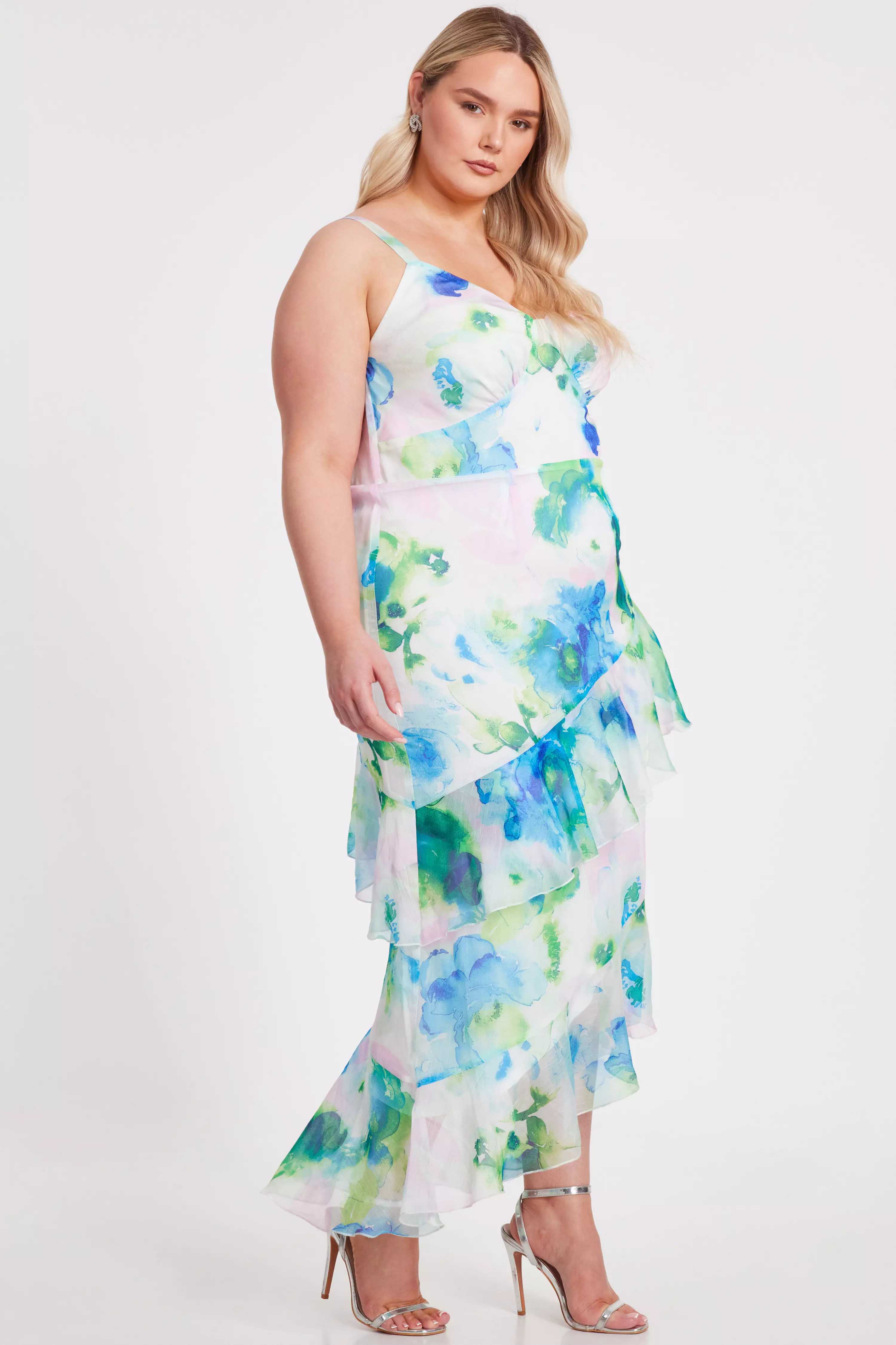 Curve Blue Floral Chiffon Midaxi Dress