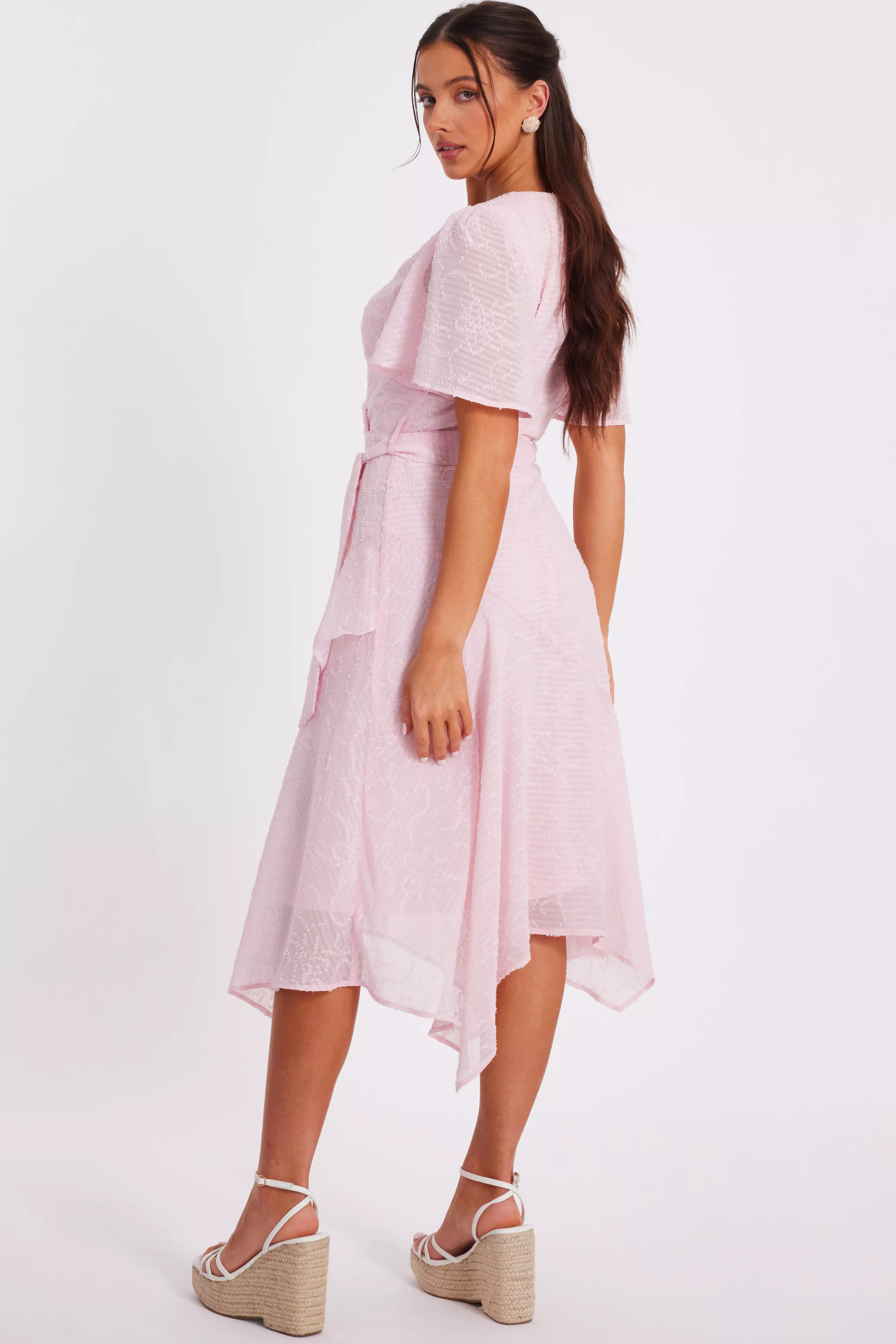 Petite Pale Pink Textured Chiffon Midi Dress