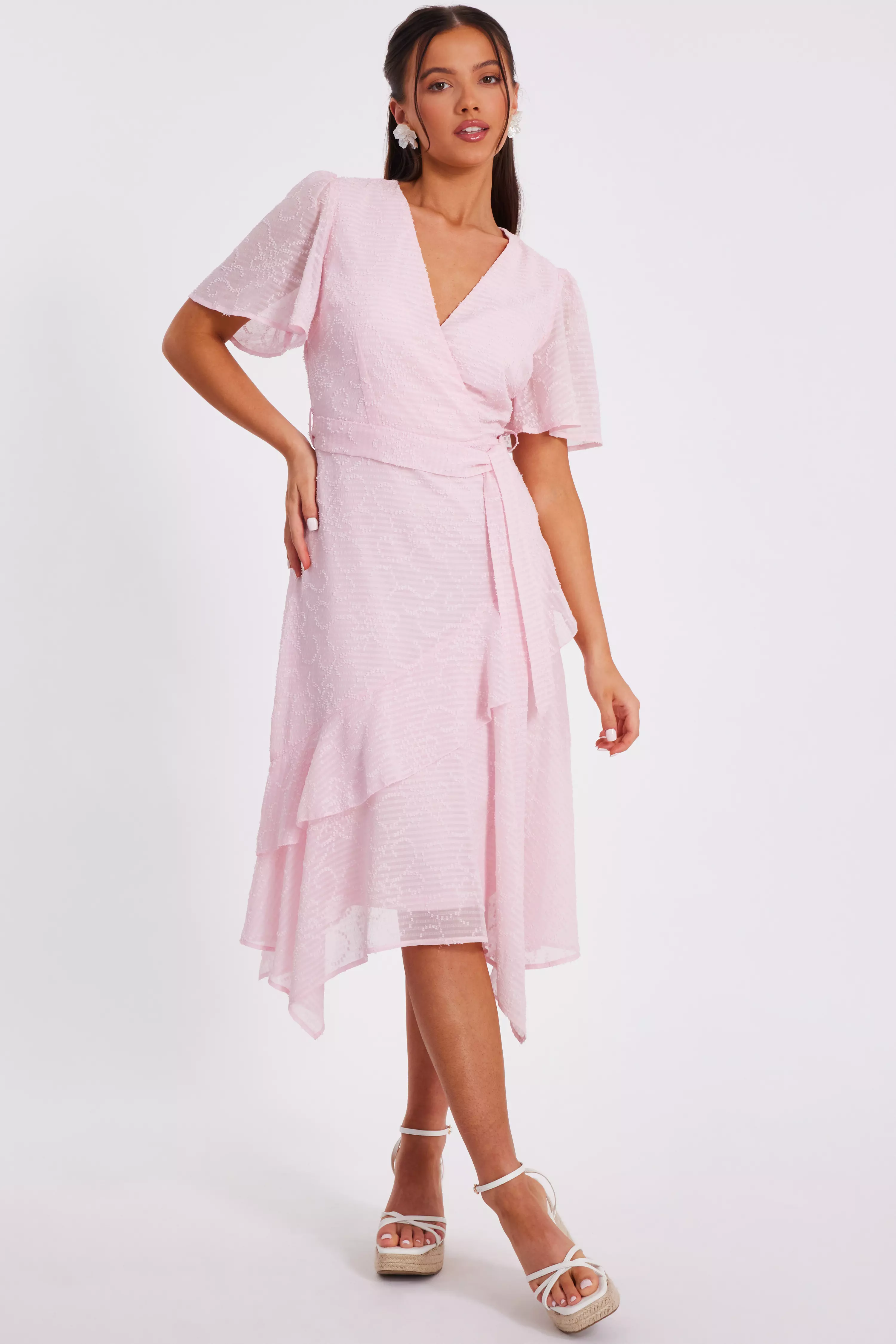 Petite Pale Pink Textured Chiffon Midi Dress