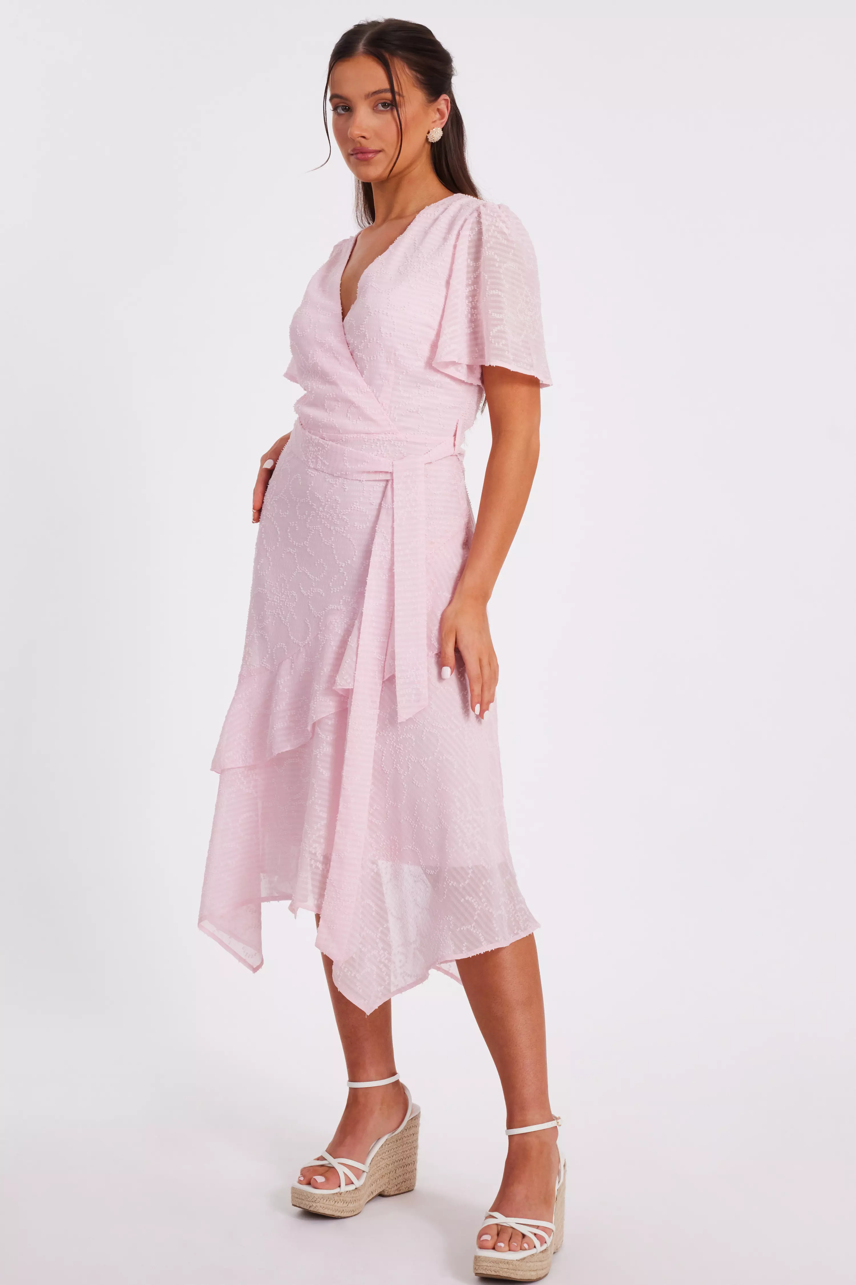 Petite Pale Pink Textured Chiffon Midi Dress