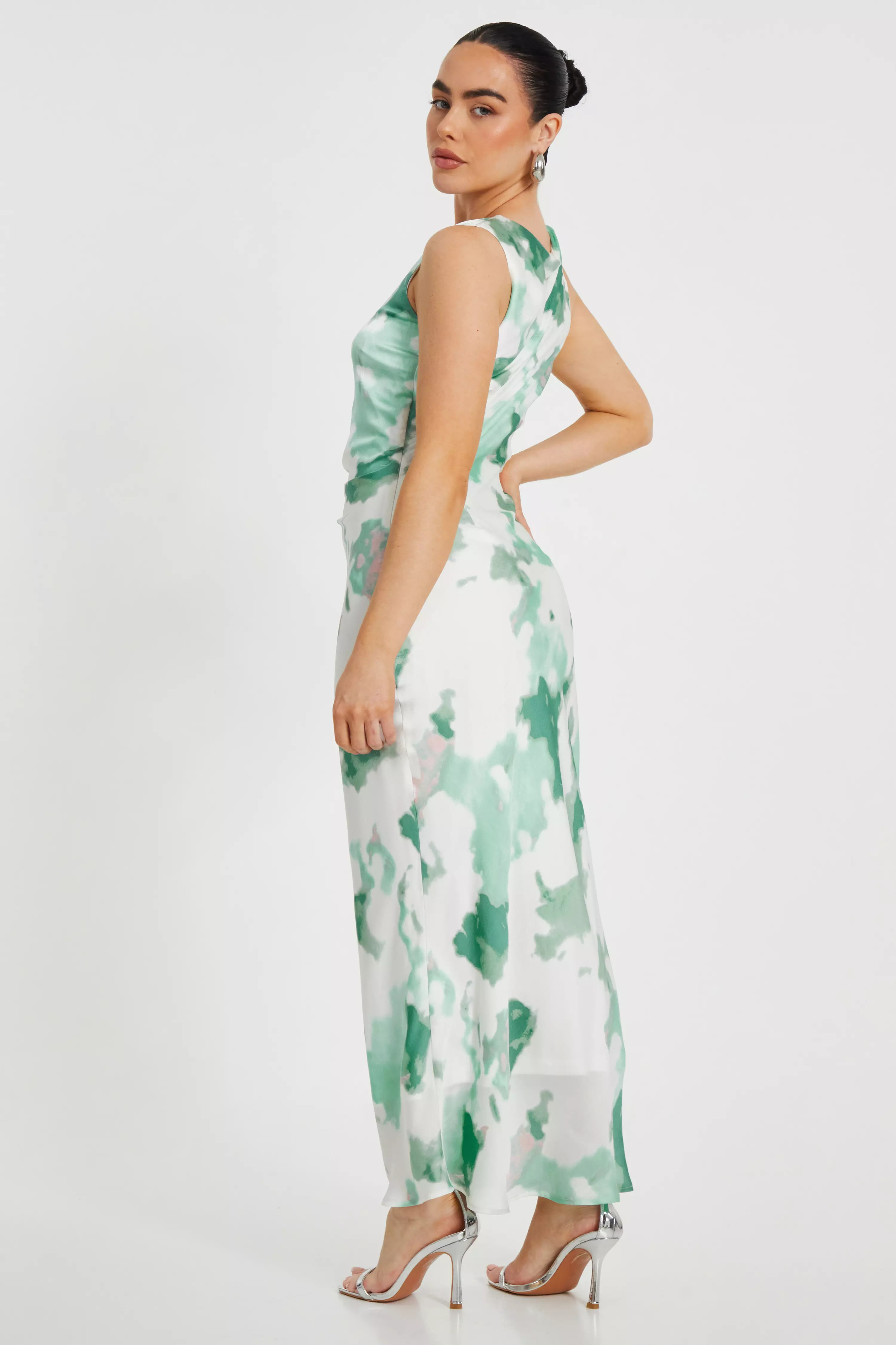 Petite Green Satin Marble Midaxi Dress