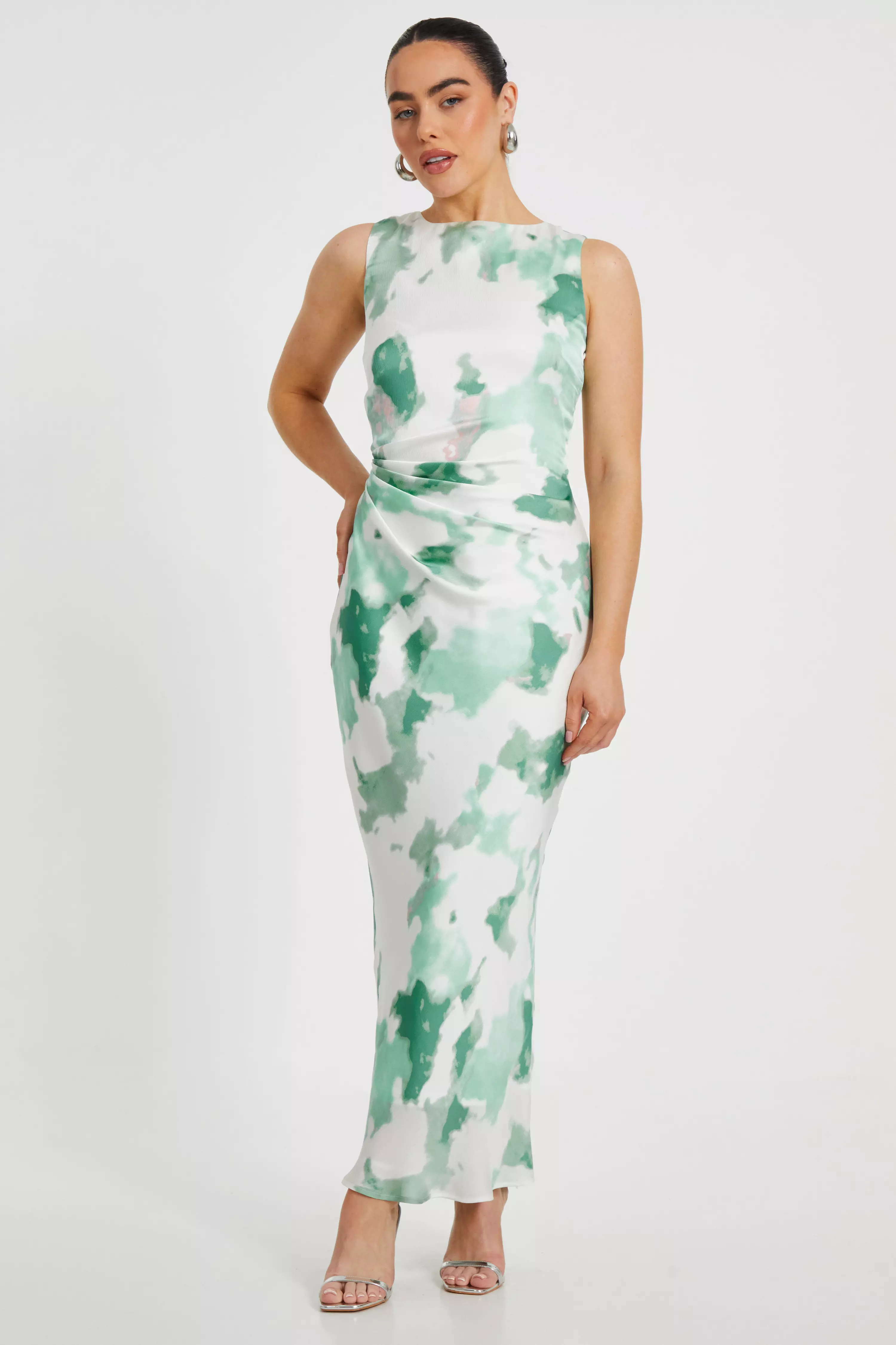 Petite Green Satin Marble Midaxi Dress
