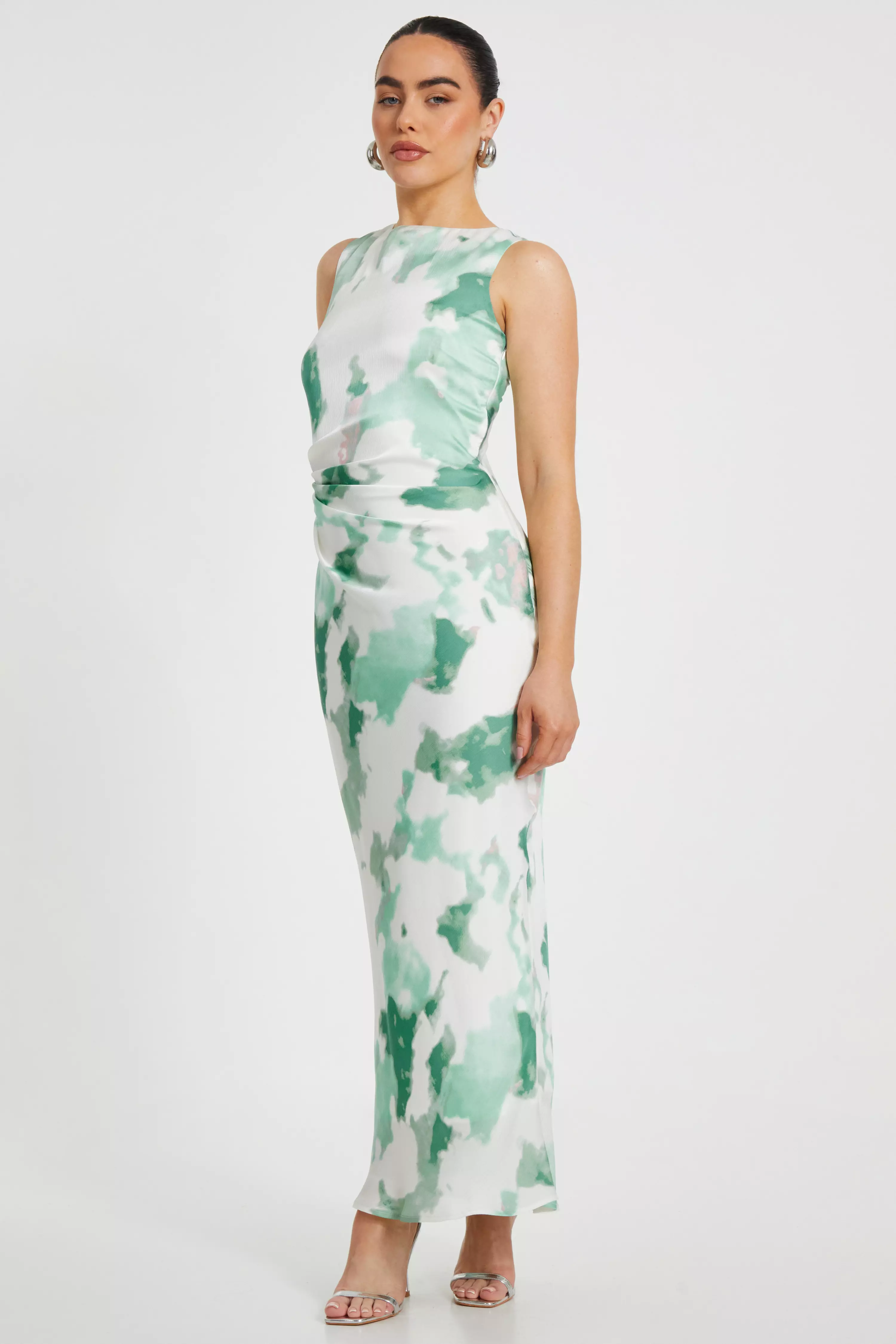 Petite Green Satin Marble Midaxi Dress