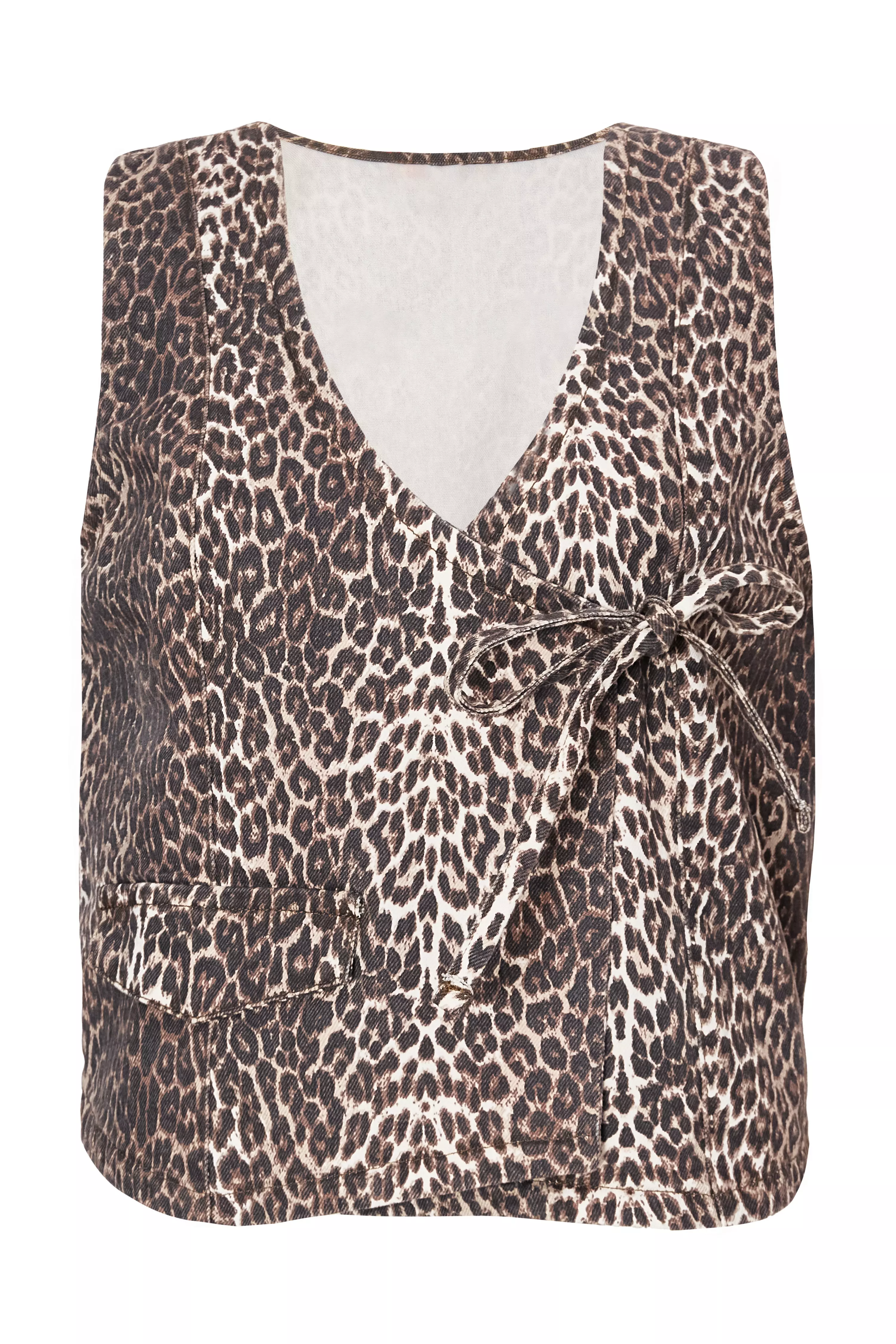 Brown Leopard Print Denim Waistcoat