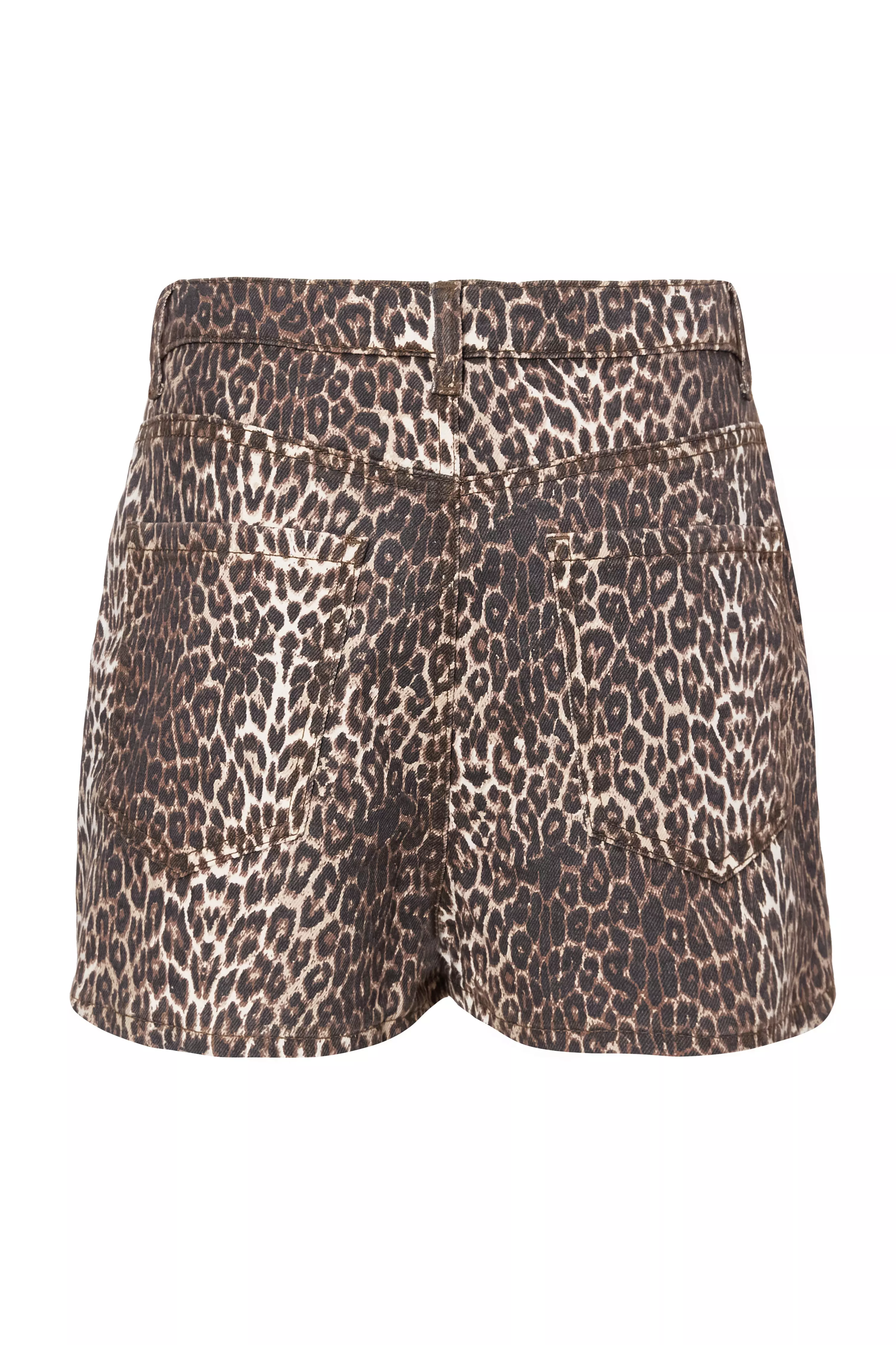 Brown Leopard Print Denim Shorts
