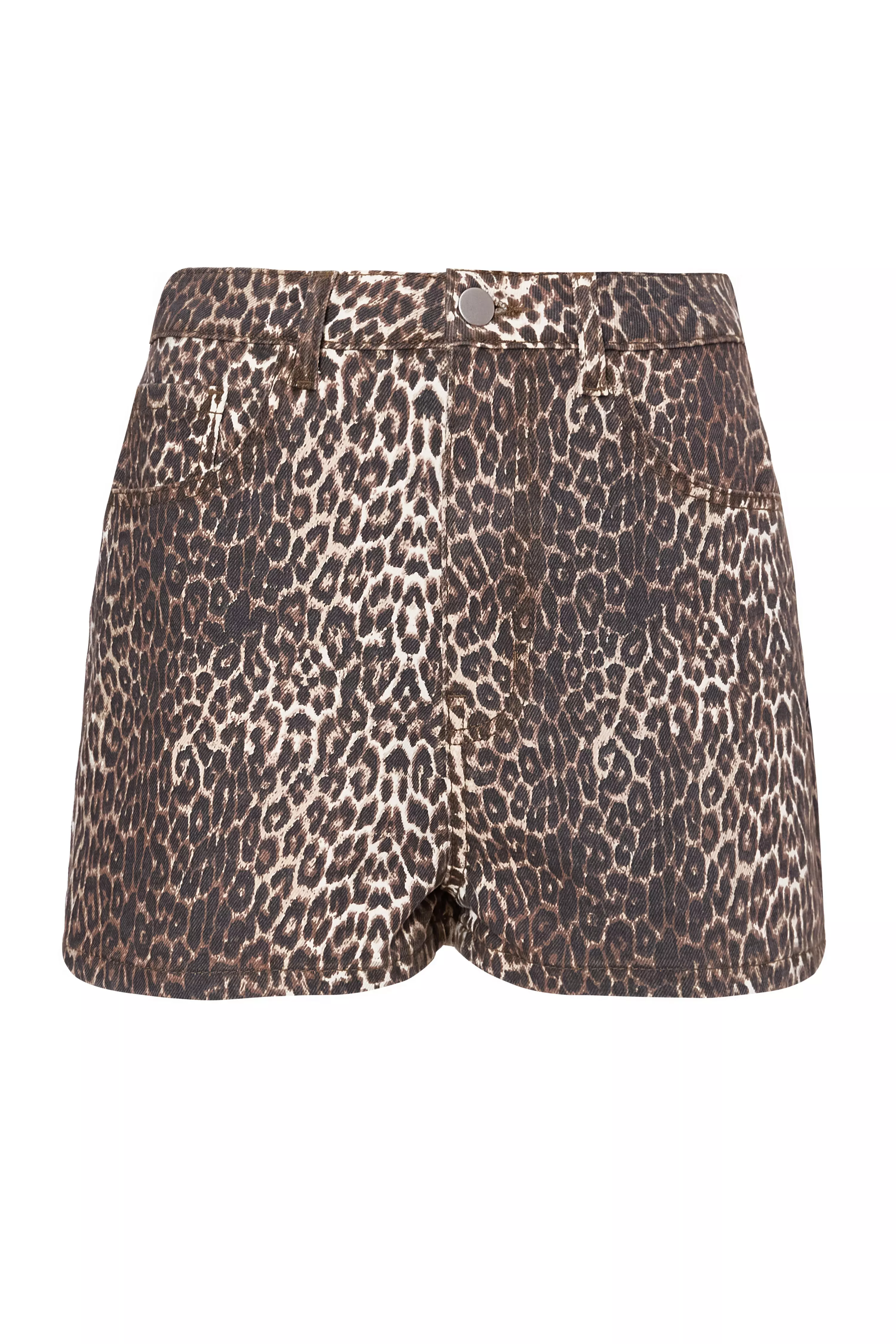 Brown Leopard Print Denim Shorts
