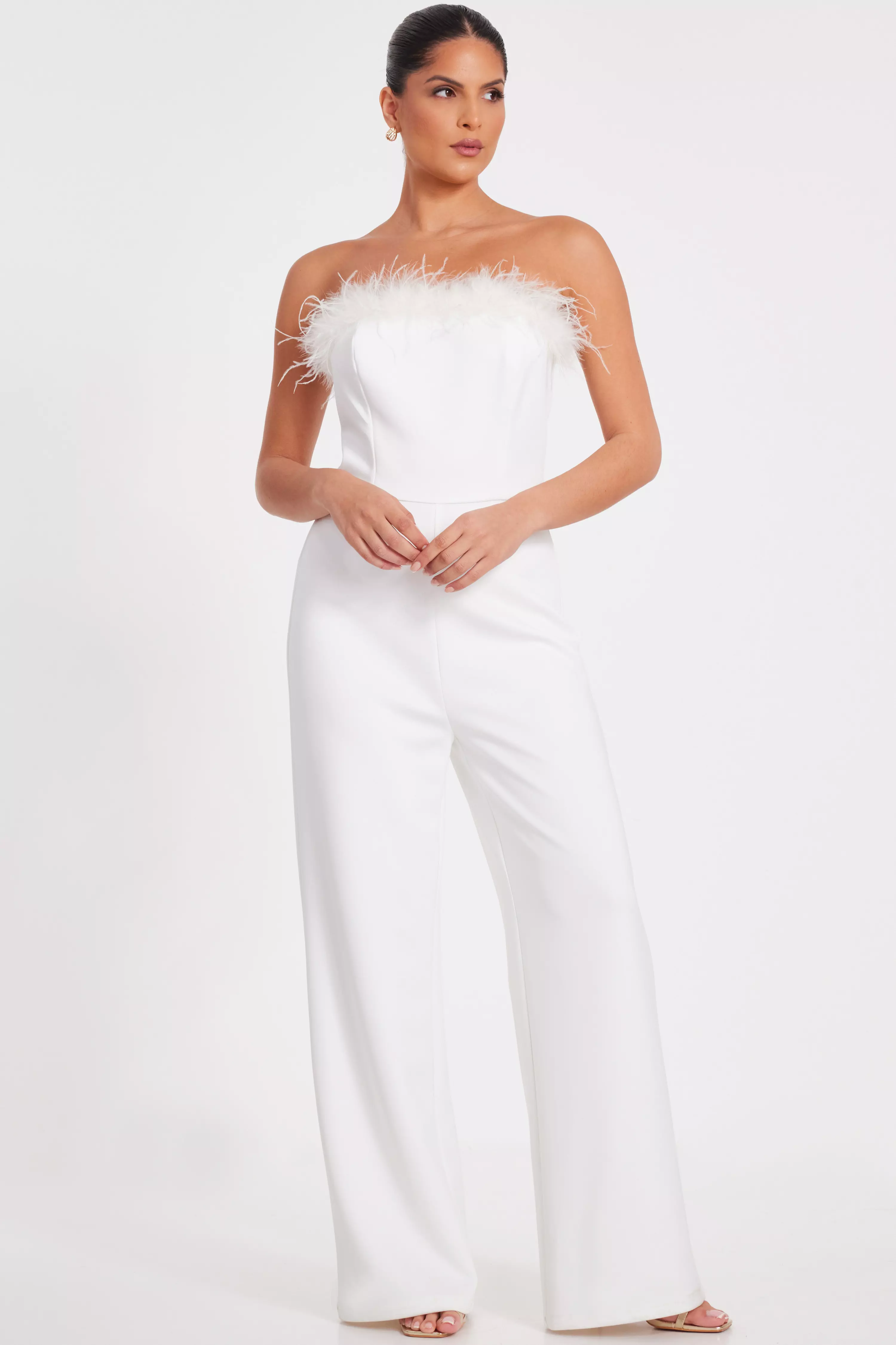 White Feather Trim Jumpsuit