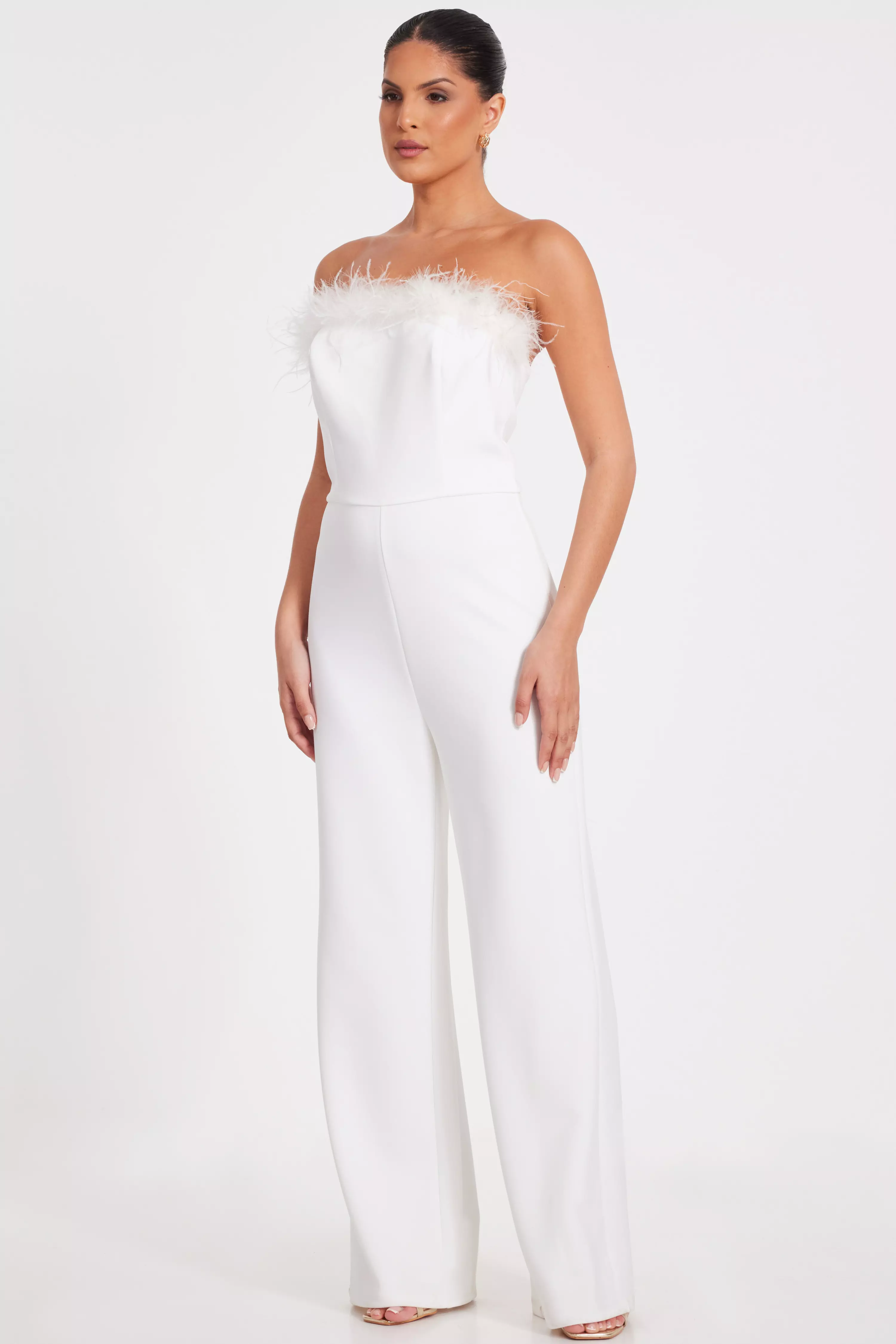 White Feather Trim Jumpsuit