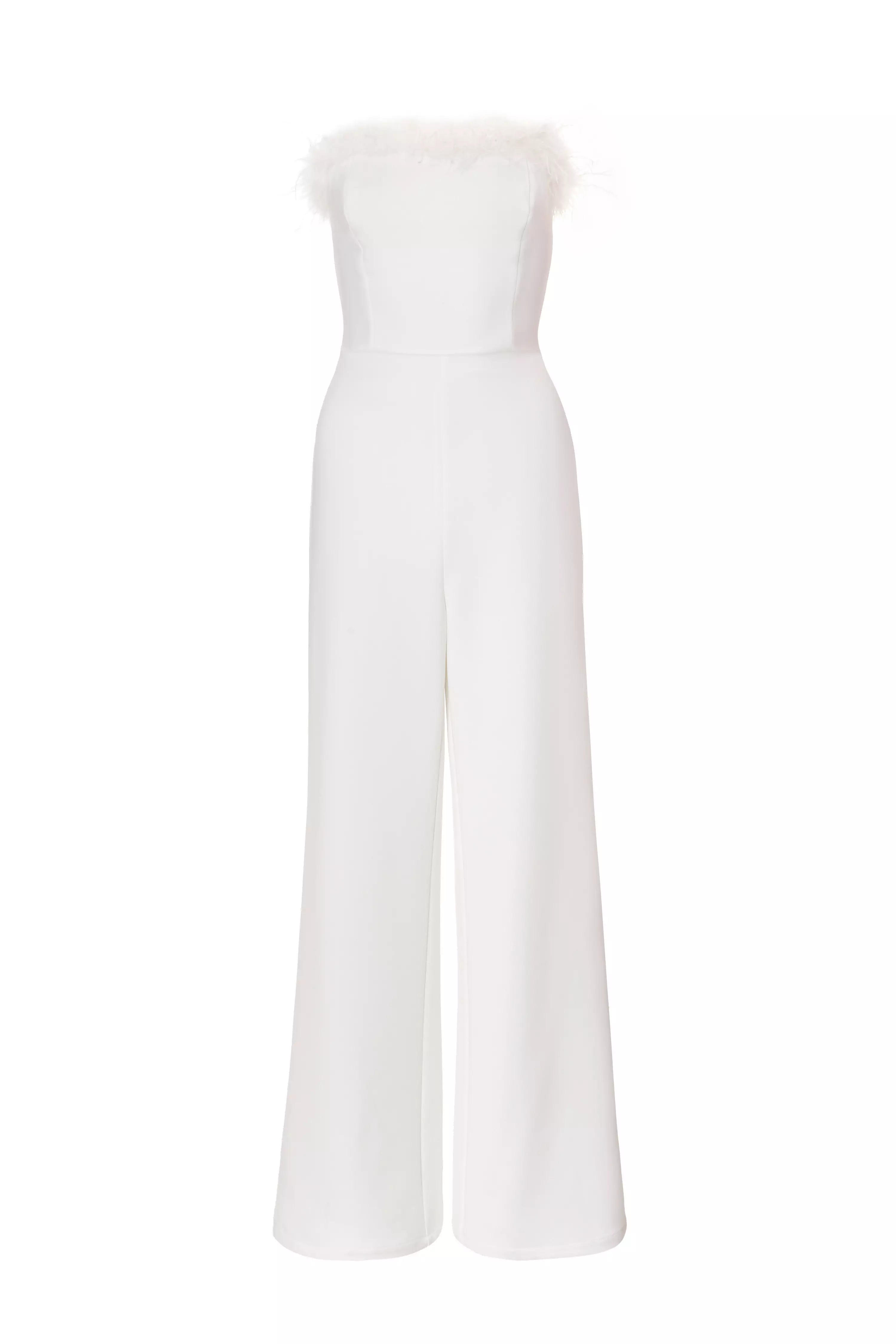 White Feather Trim Jumpsuit