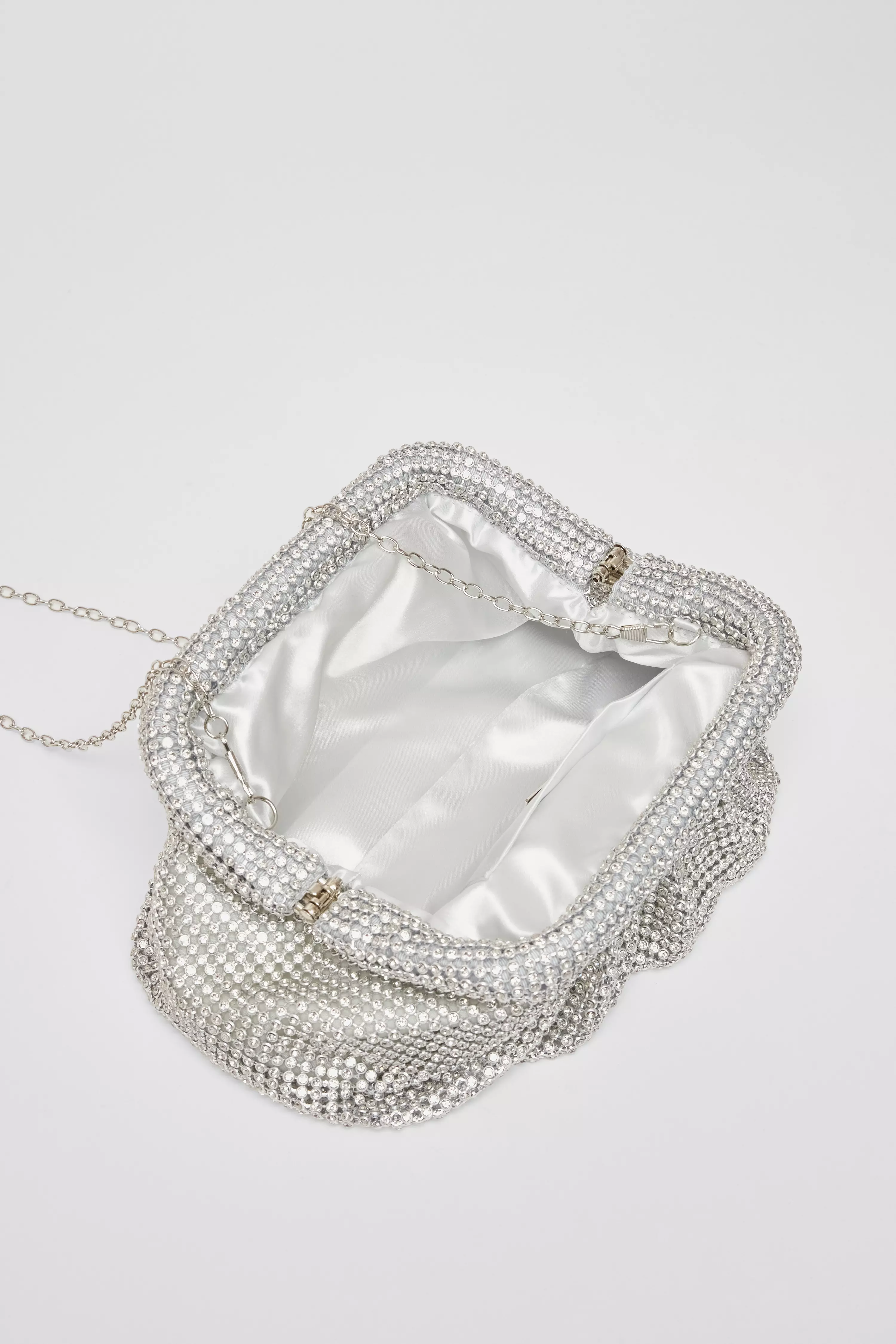 Silver Diamante Gathered Pouch Bag