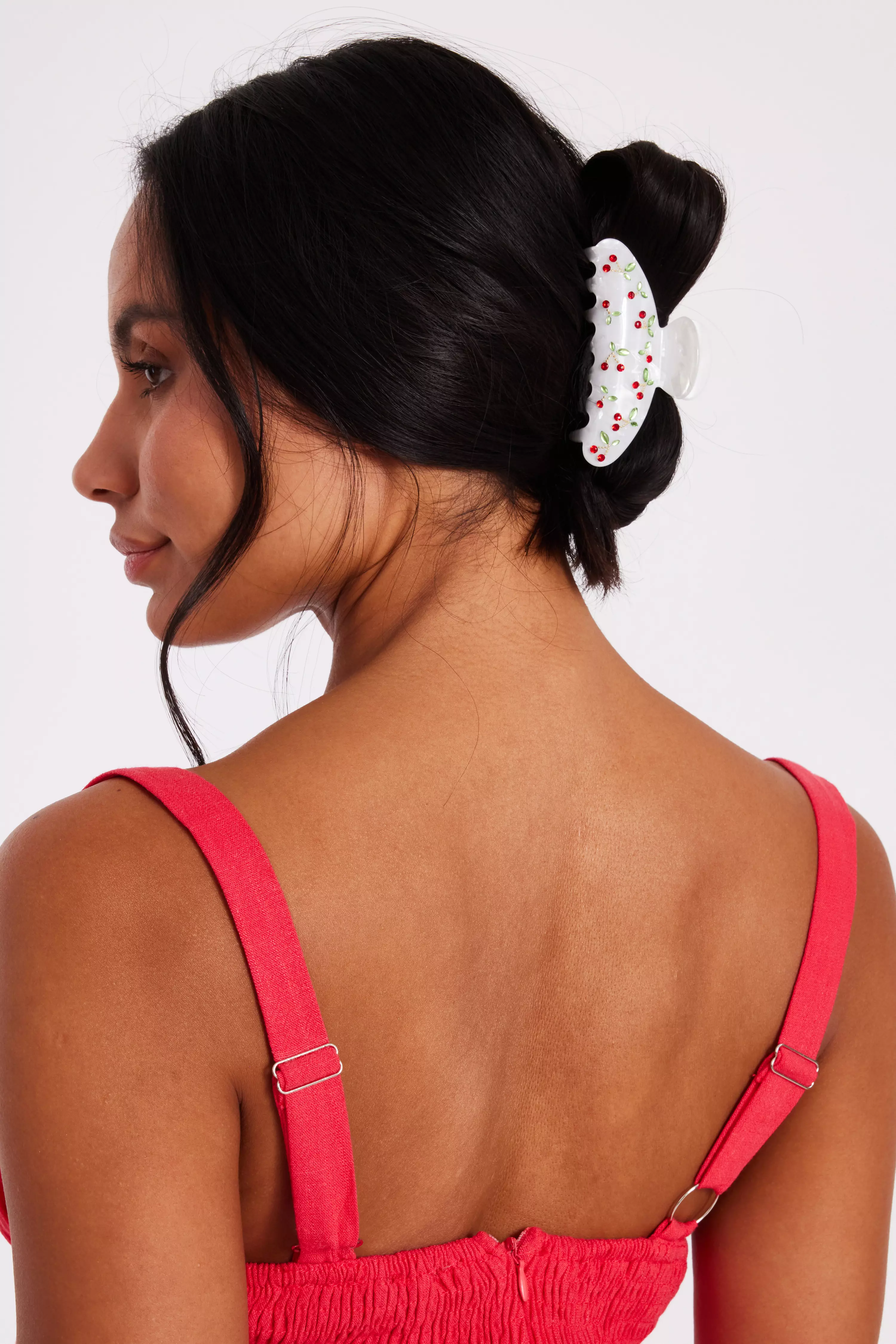 White Diamante Cherry Hair Claw