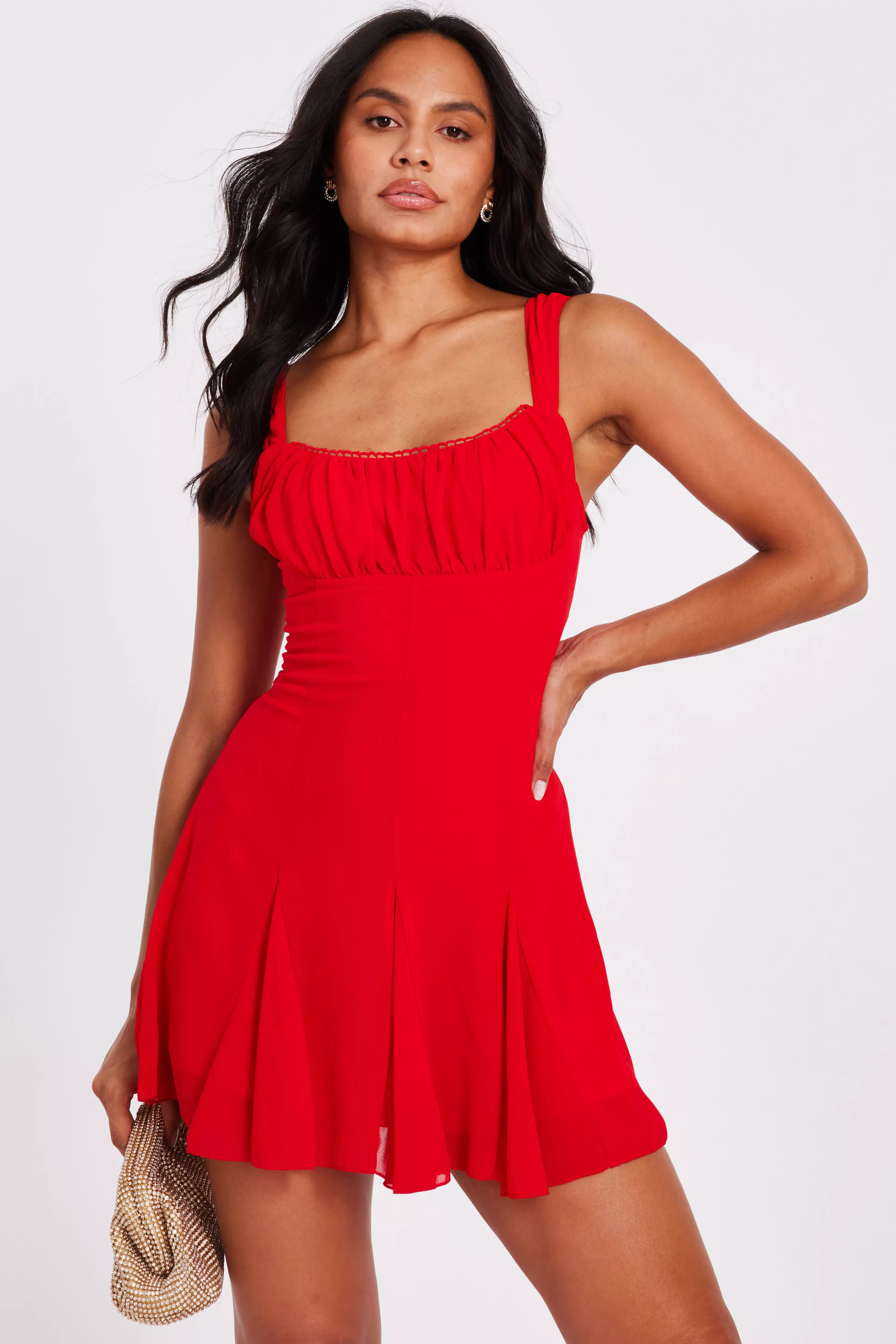 Red Chiffon Ruched Mini Dress