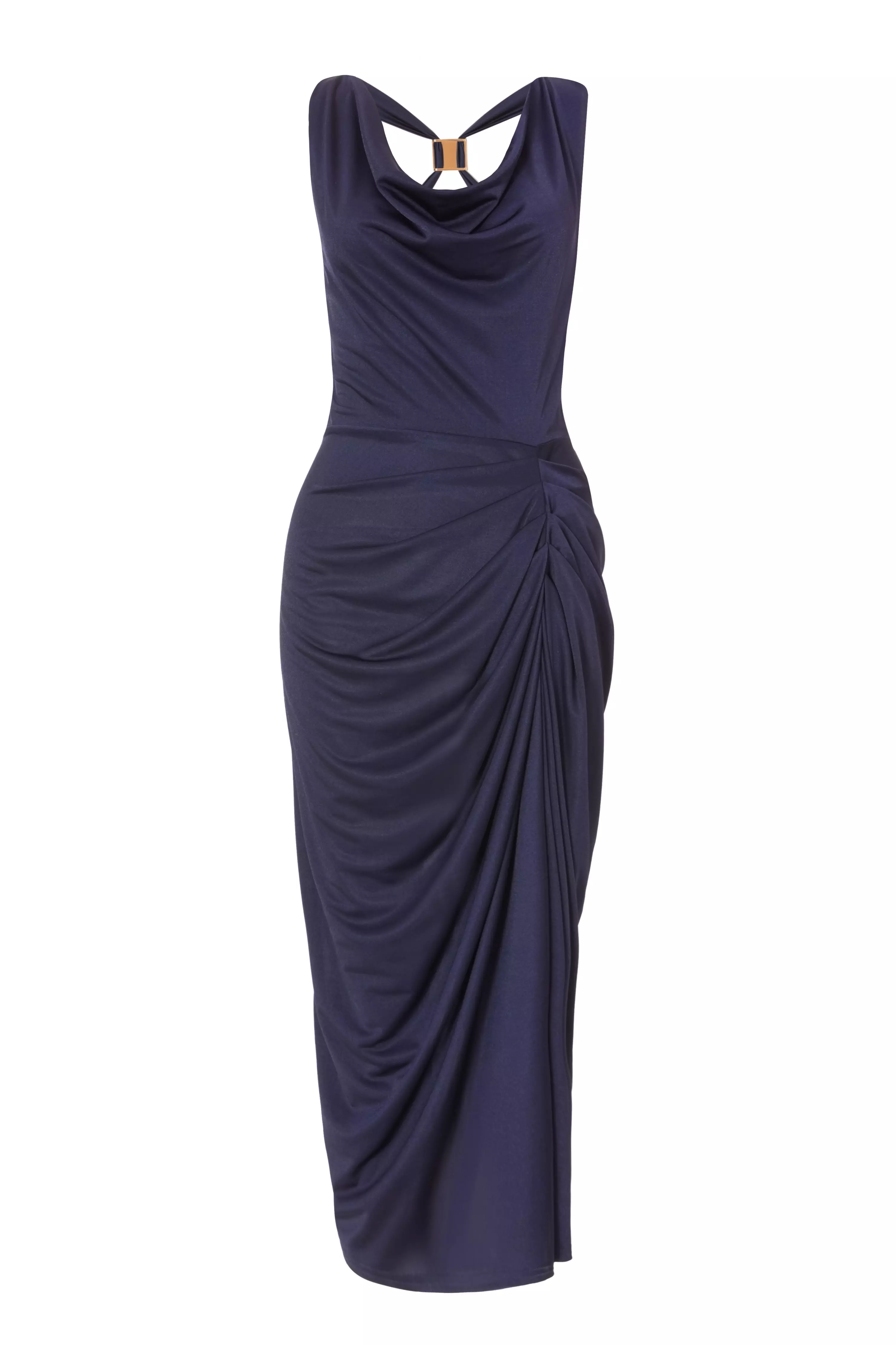 Navy Cowl Neck Midi Dress