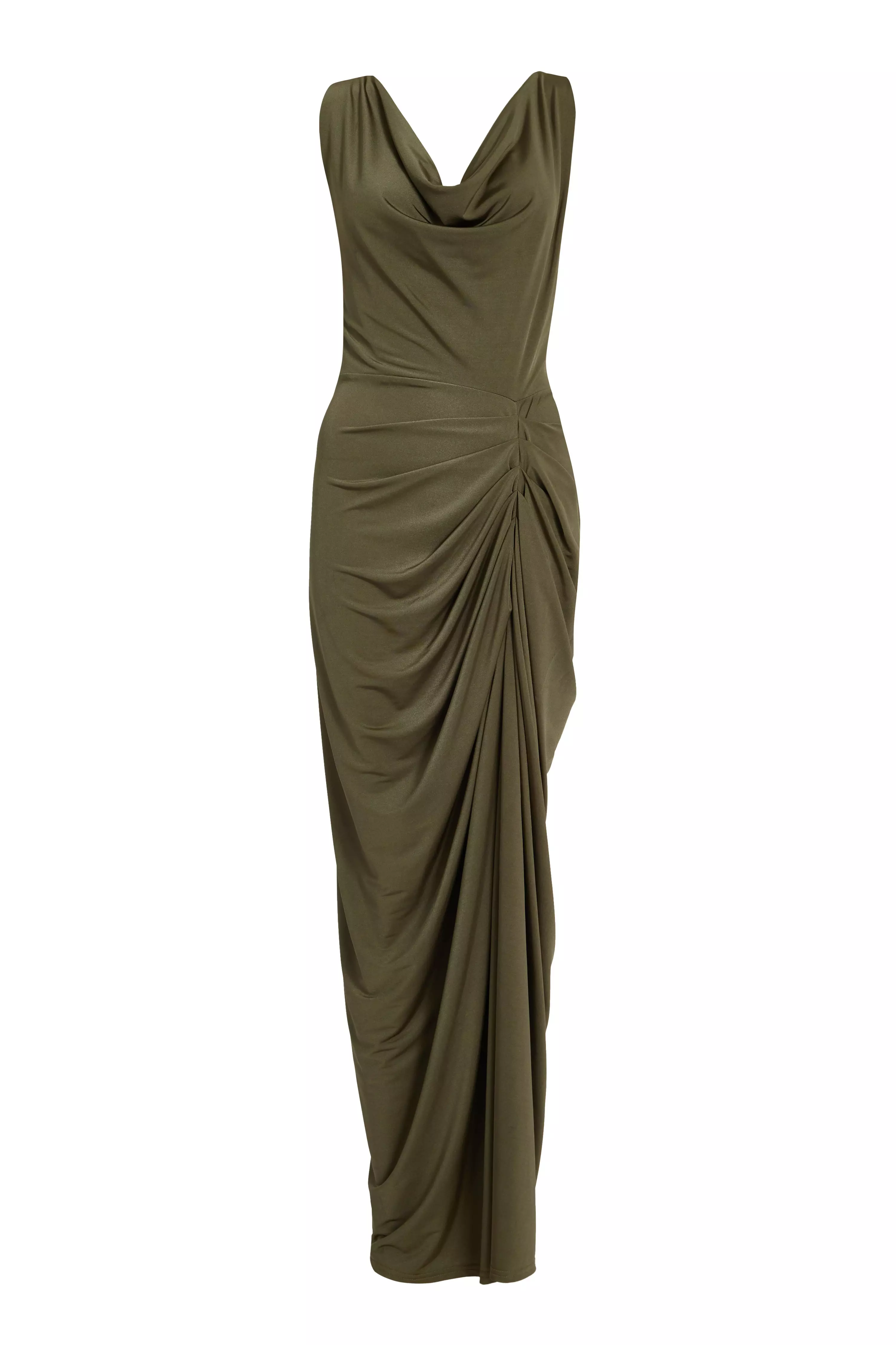 Khaki Cowl Neck Midi Dress