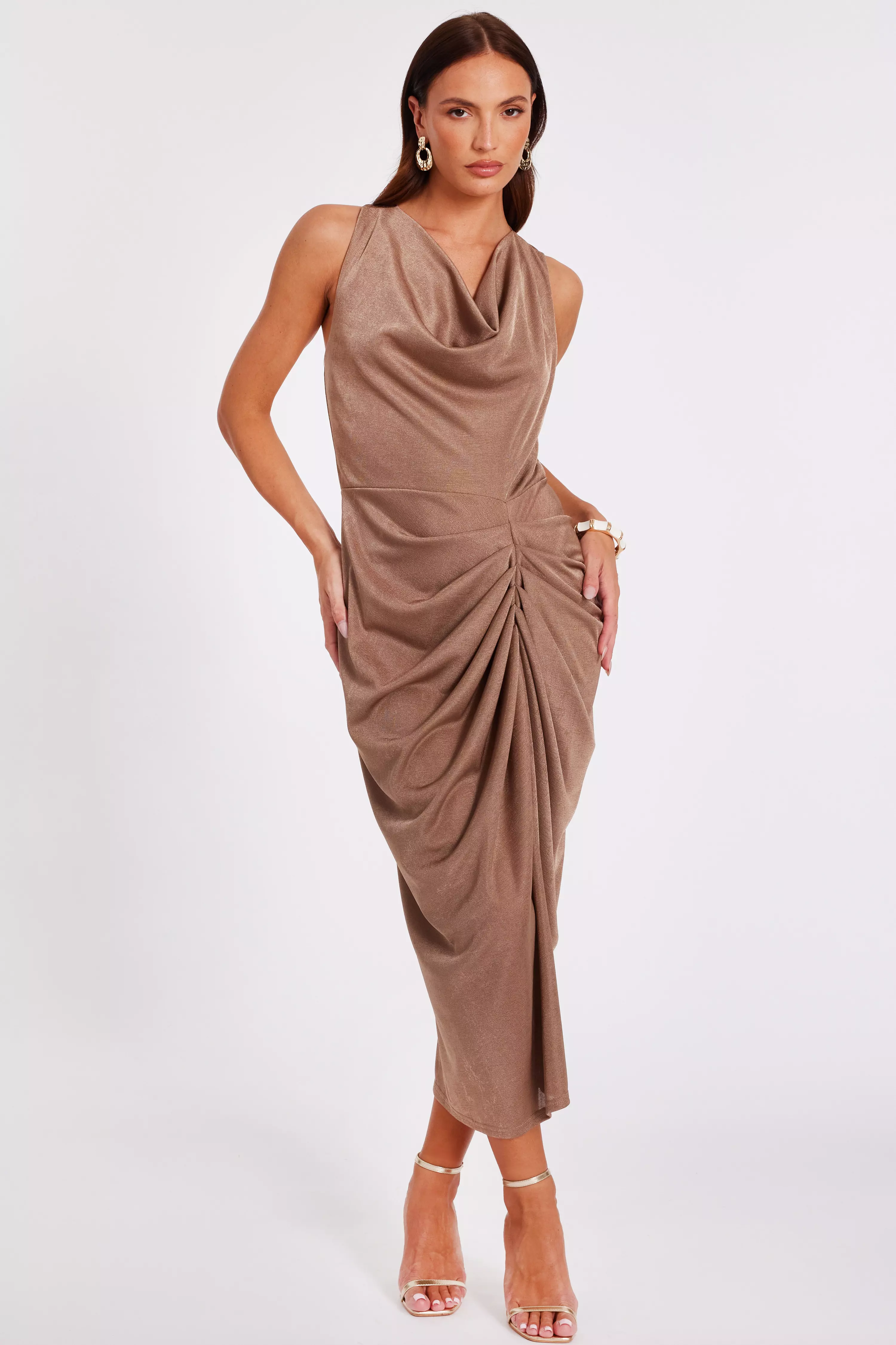 Stone Cowl Neck Ruched Midi Dress