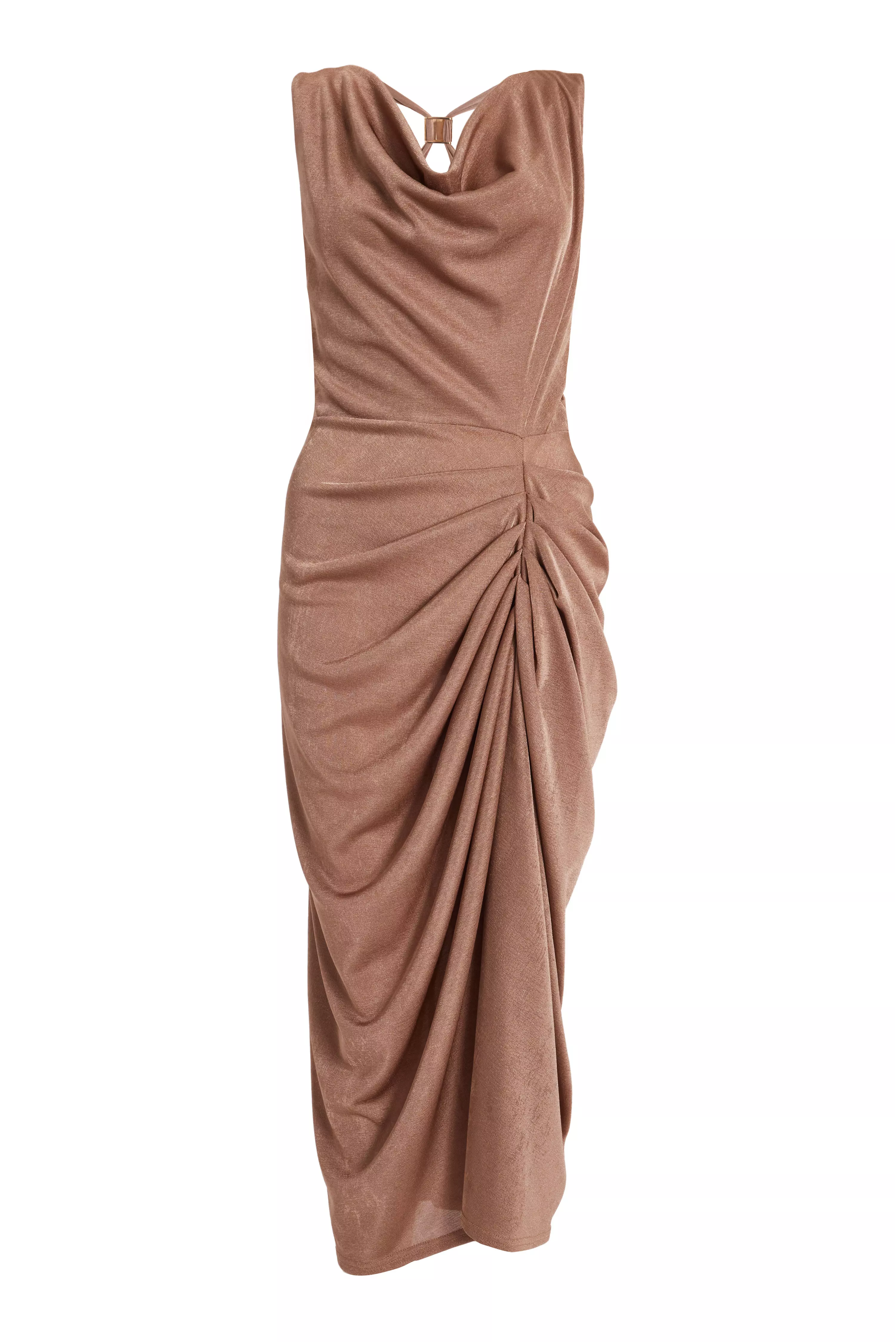 Stone Cowl Neck Ruched Midi Dress