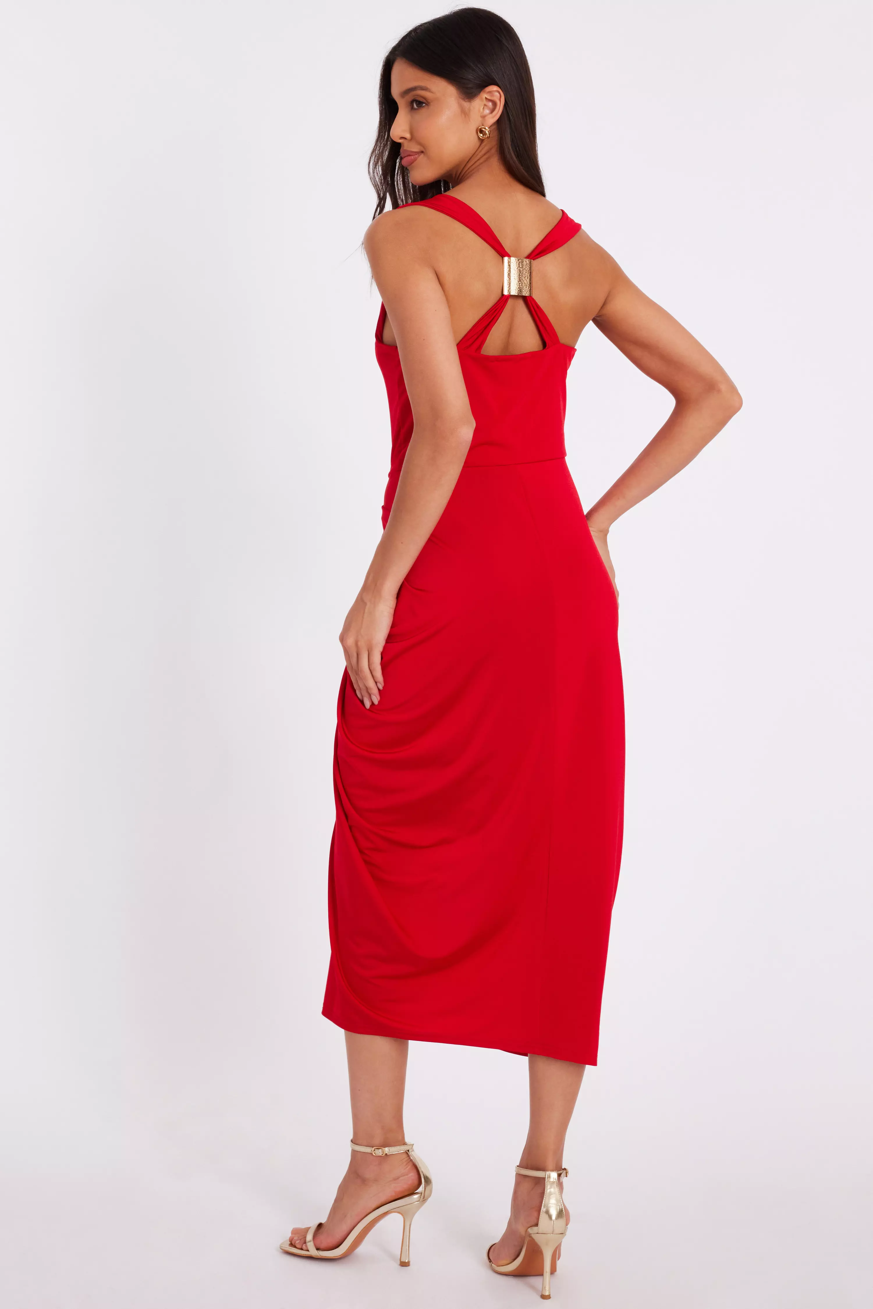 Red Cowl Neck Midi Dress