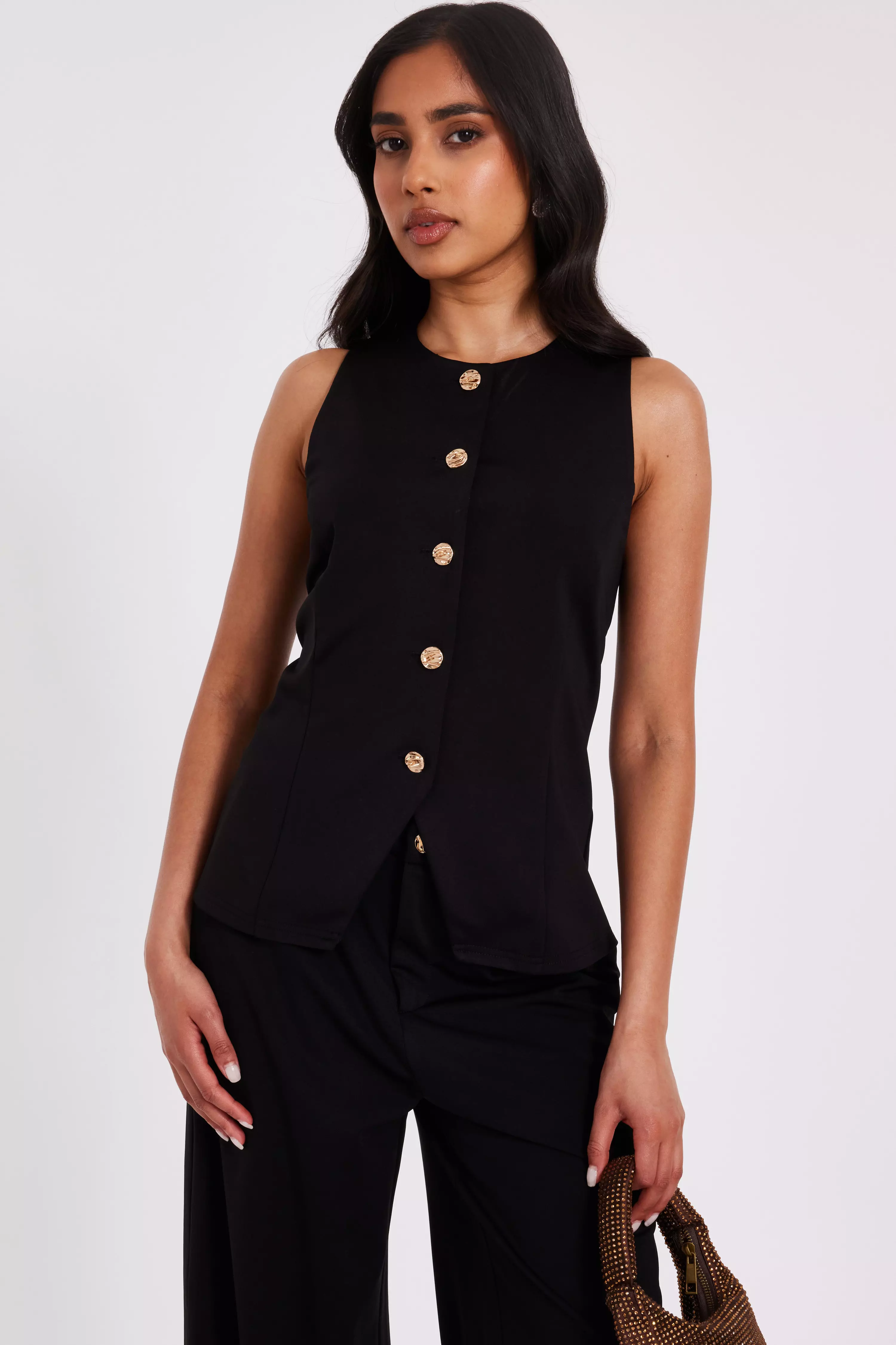 Petite Black Button Front Waistcoat