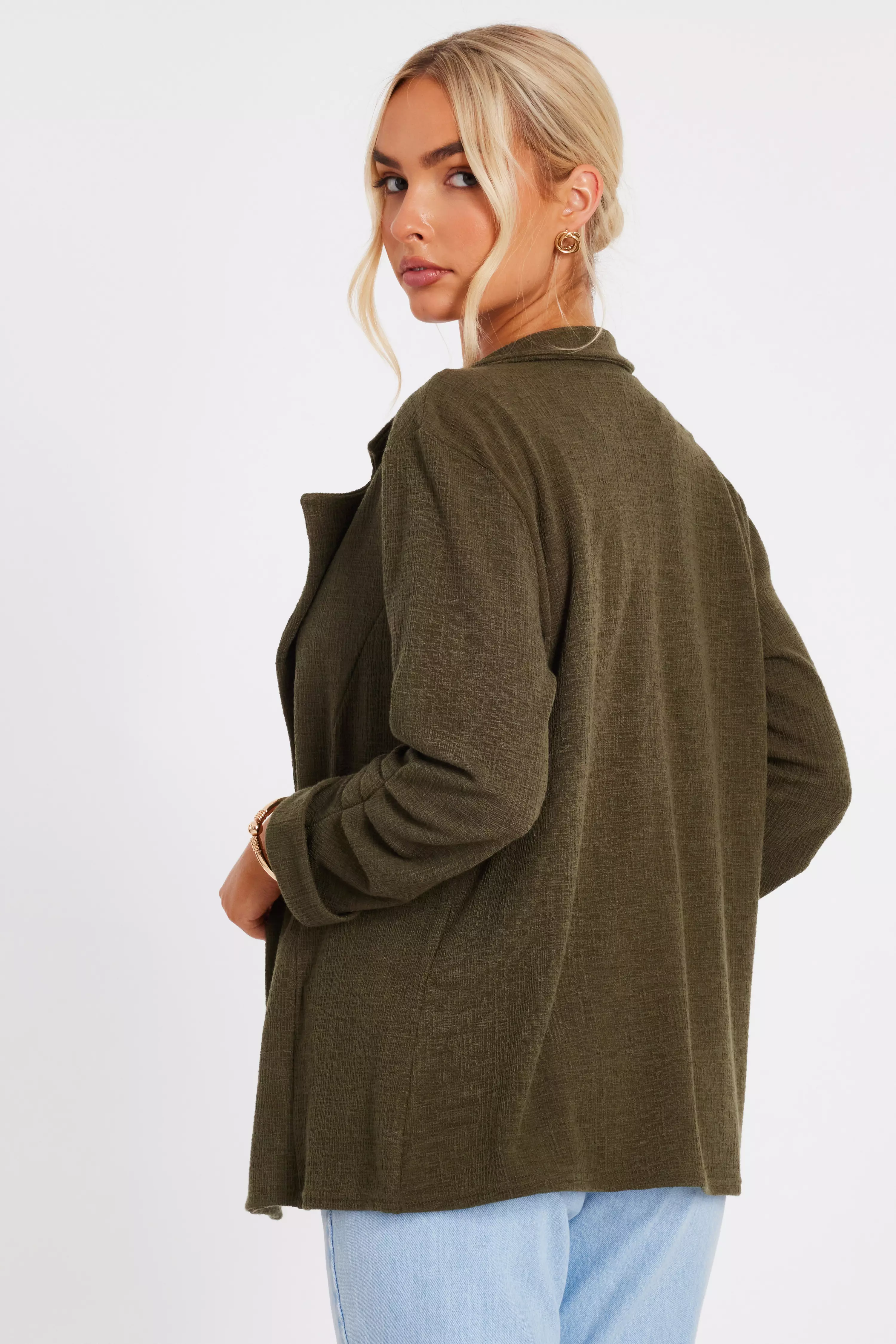 Khaki Textured Ruched Sleeve Blazer