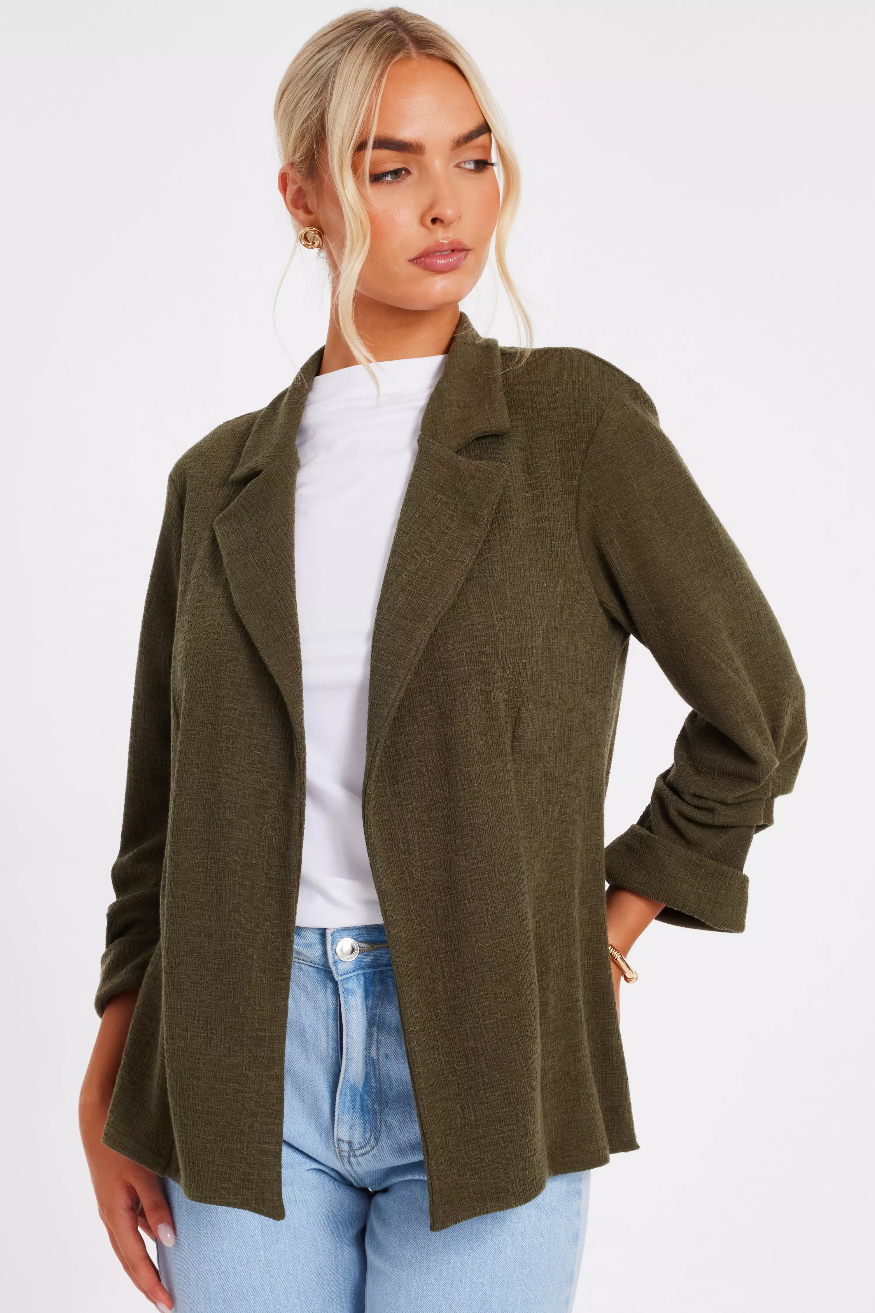 Khaki Textured Ruched Sleeve Blazer