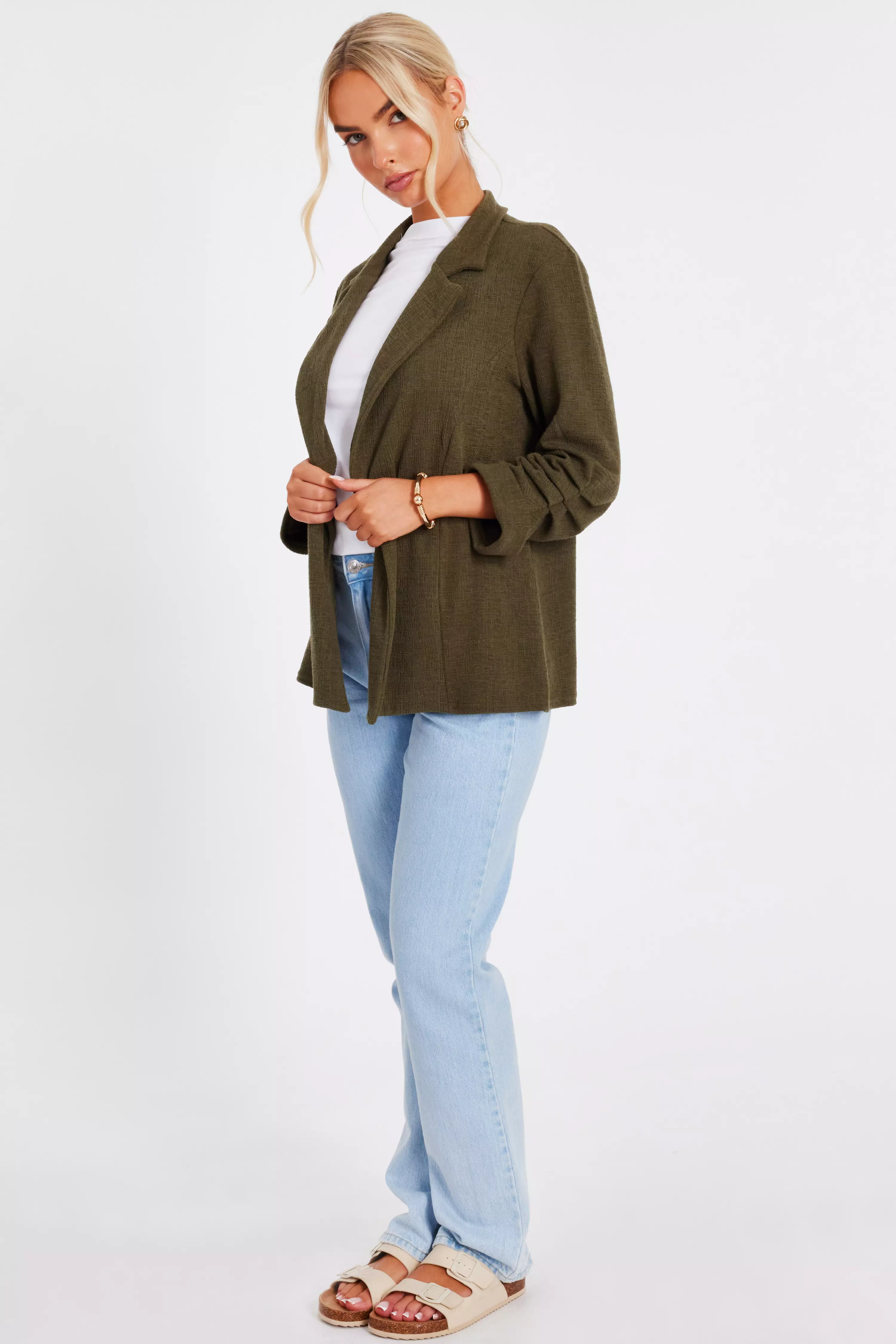 Khaki Textured Ruched Sleeve Blazer