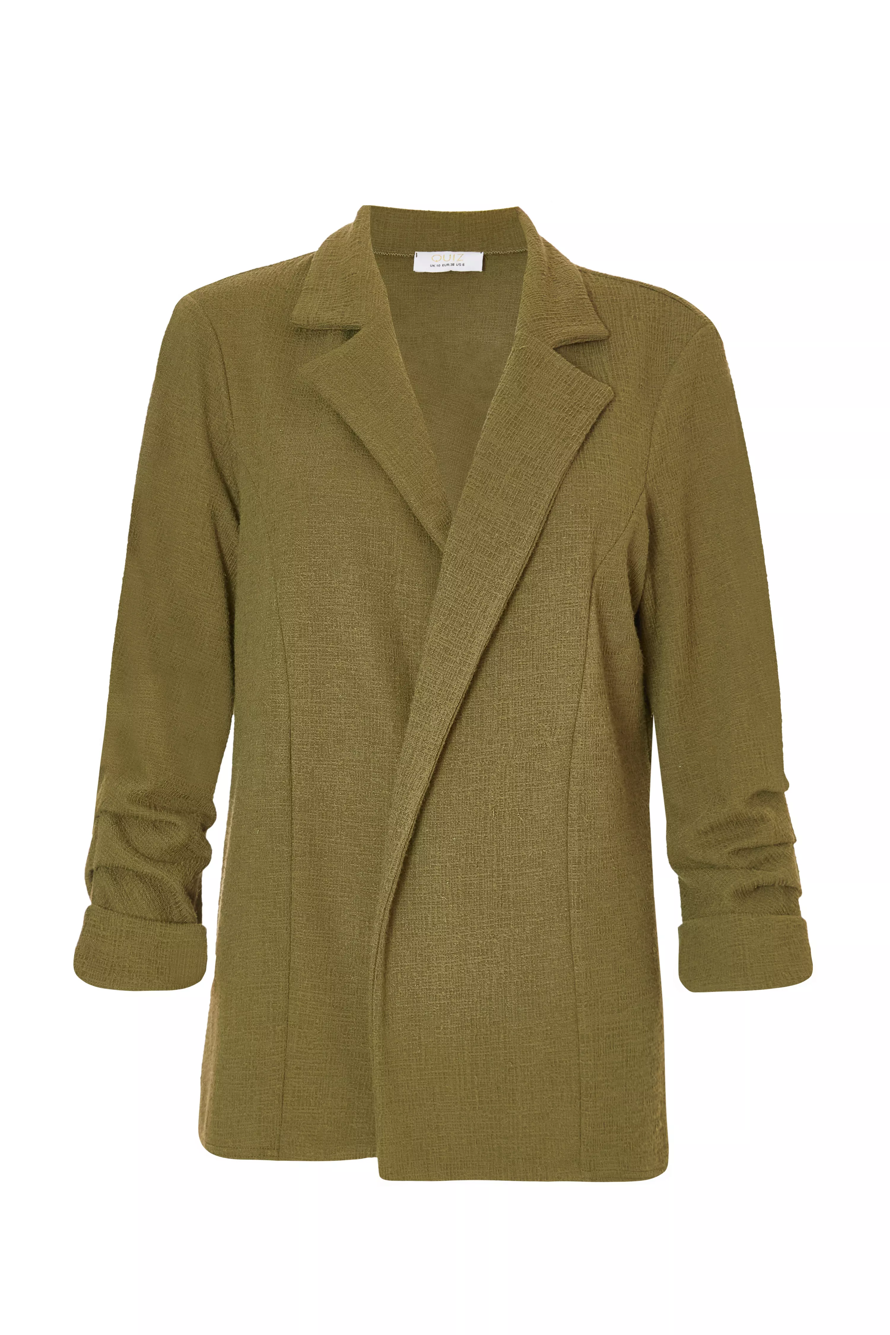 Khaki Textured Ruched Sleeve Blazer