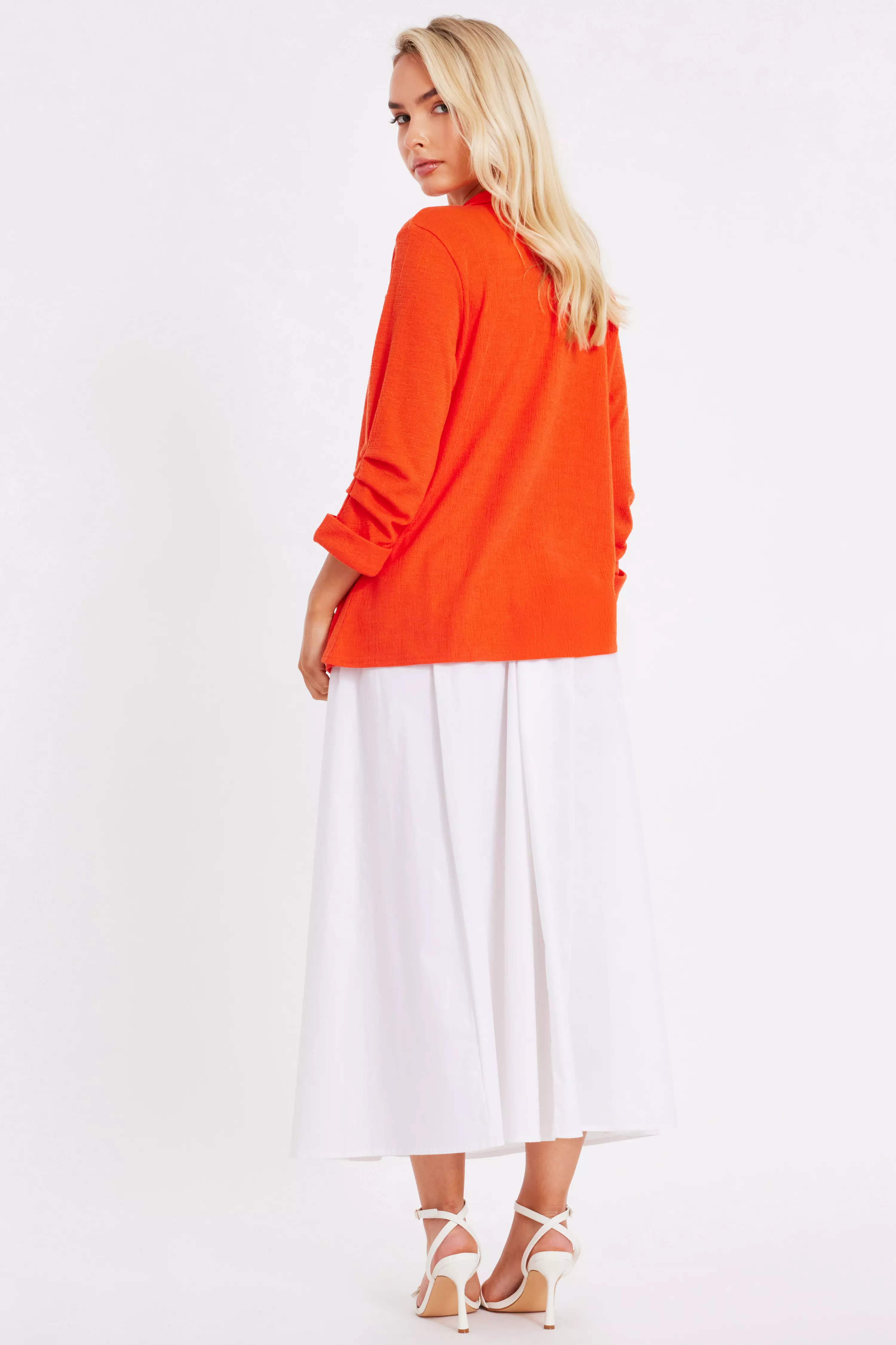 Orange Textured Ruched Sleeve Blazer