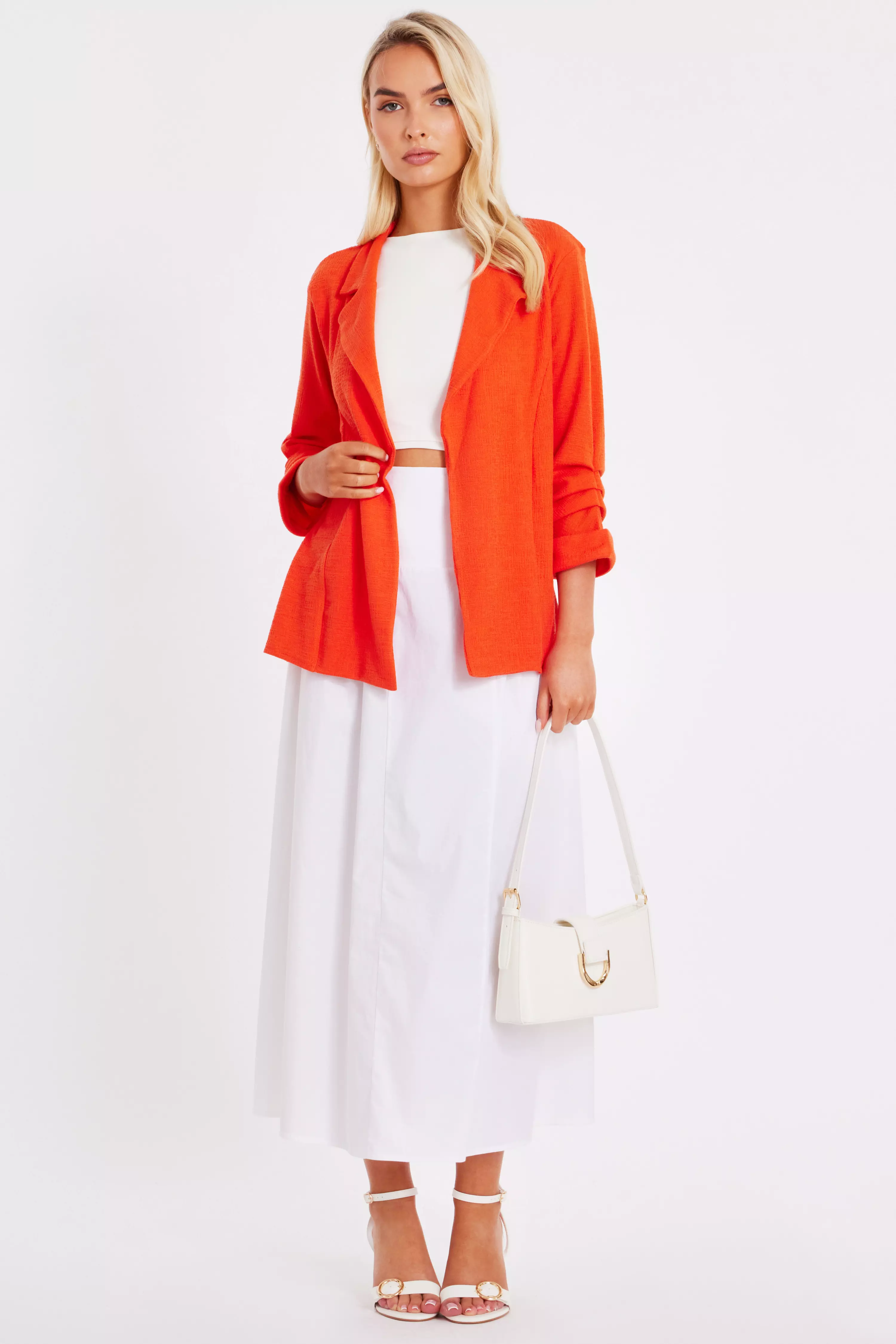 Orange Textured Ruched Sleeve Blazer