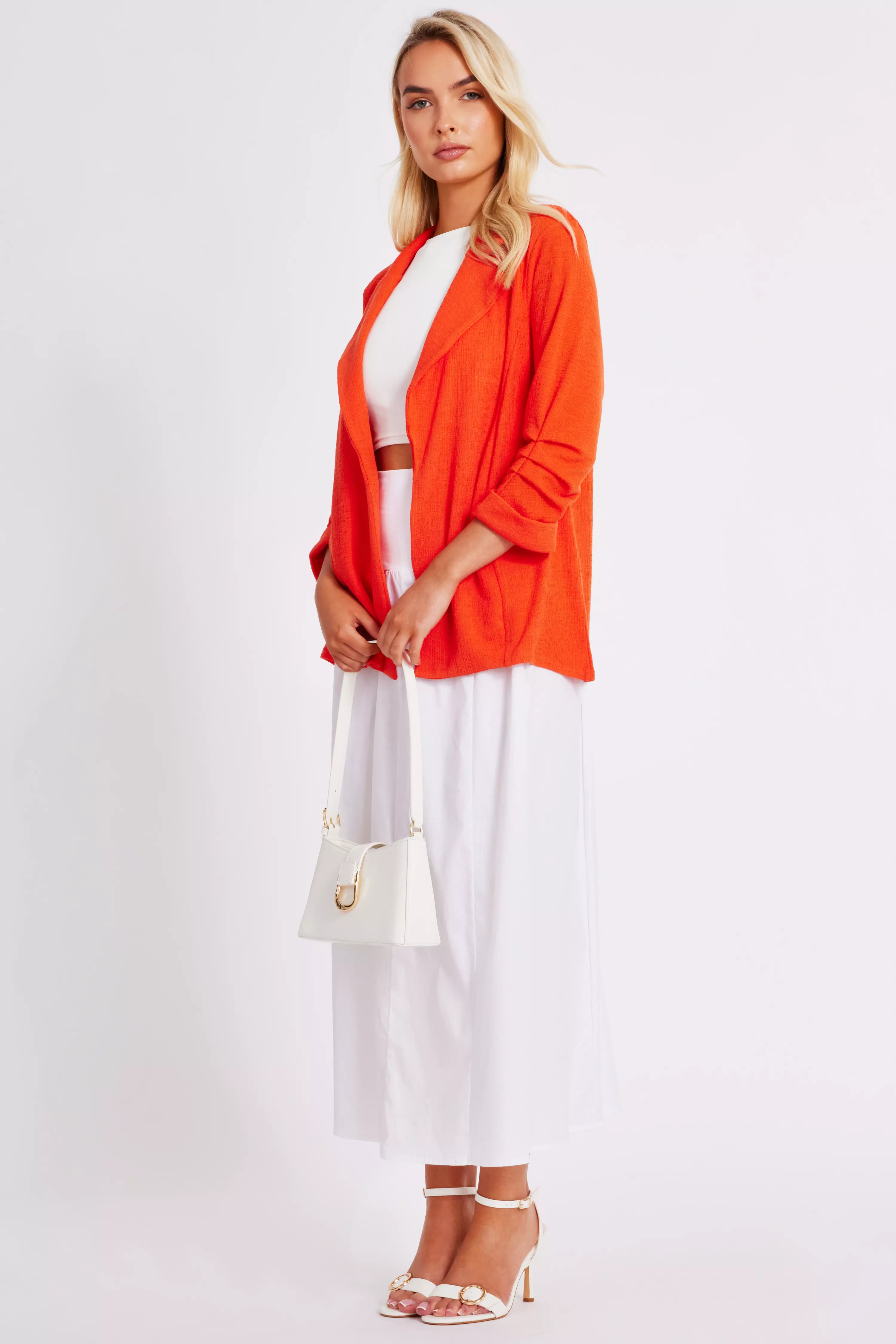 Orange Textured Ruched Sleeve Blazer