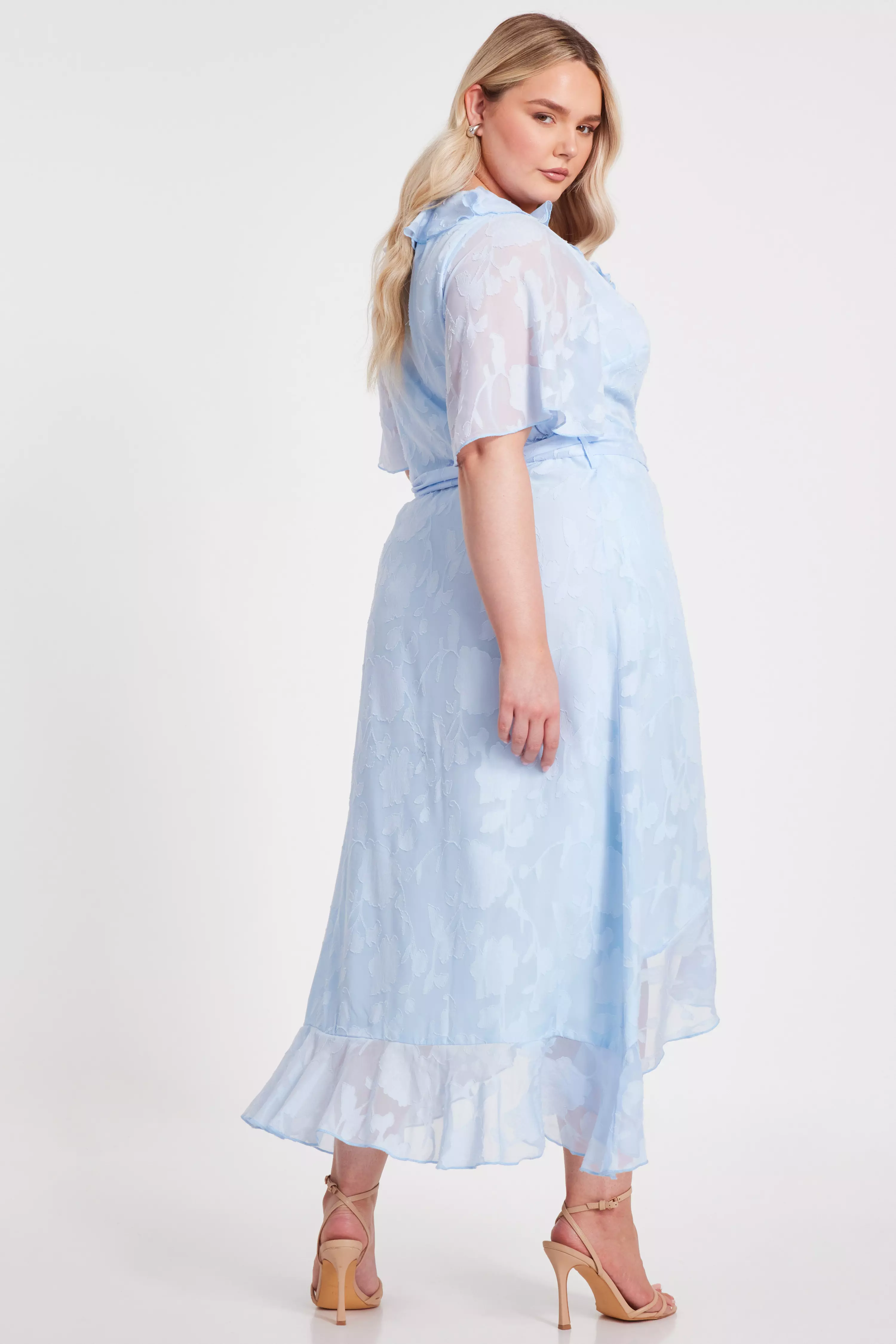 Curve Pale Blue Jacquard Frill Midaxi Dress