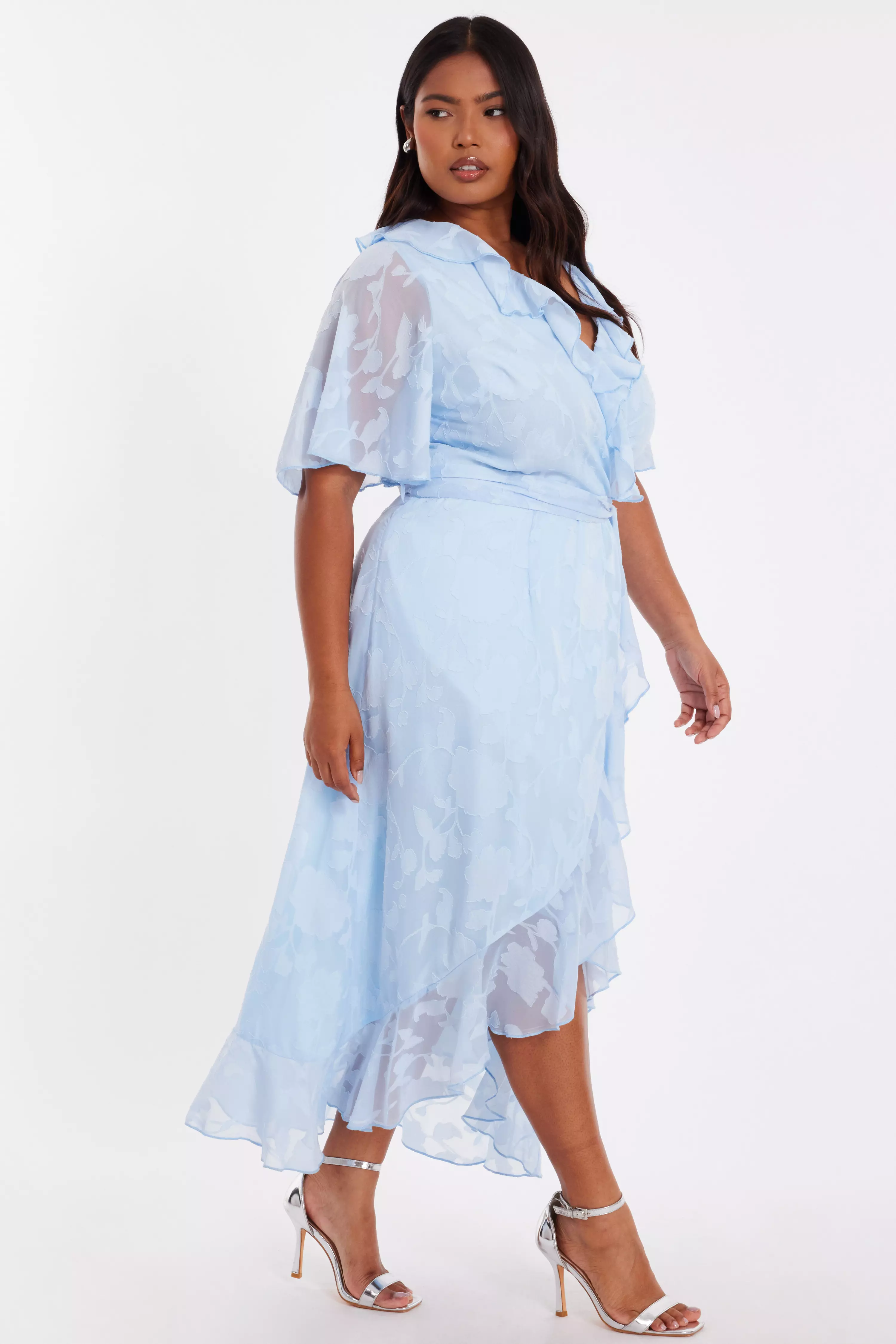 Curve Pale Blue Jacquard Frill Midaxi Dress