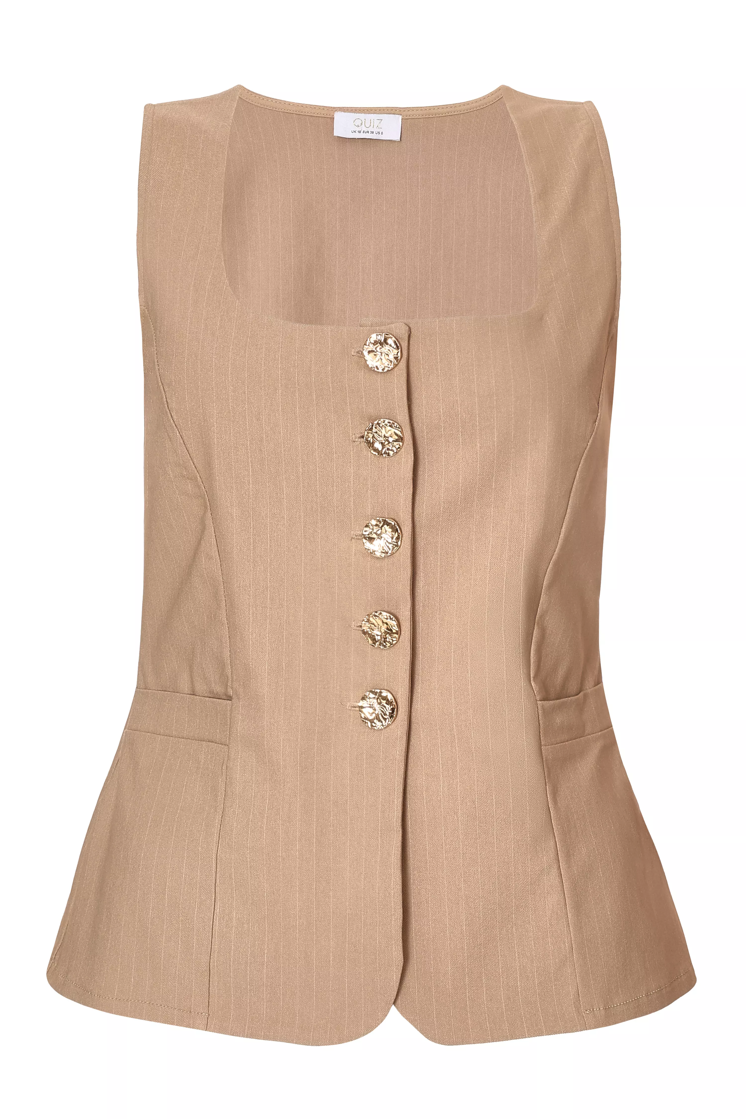 Stone Pinstripe Button Front Waistcoat