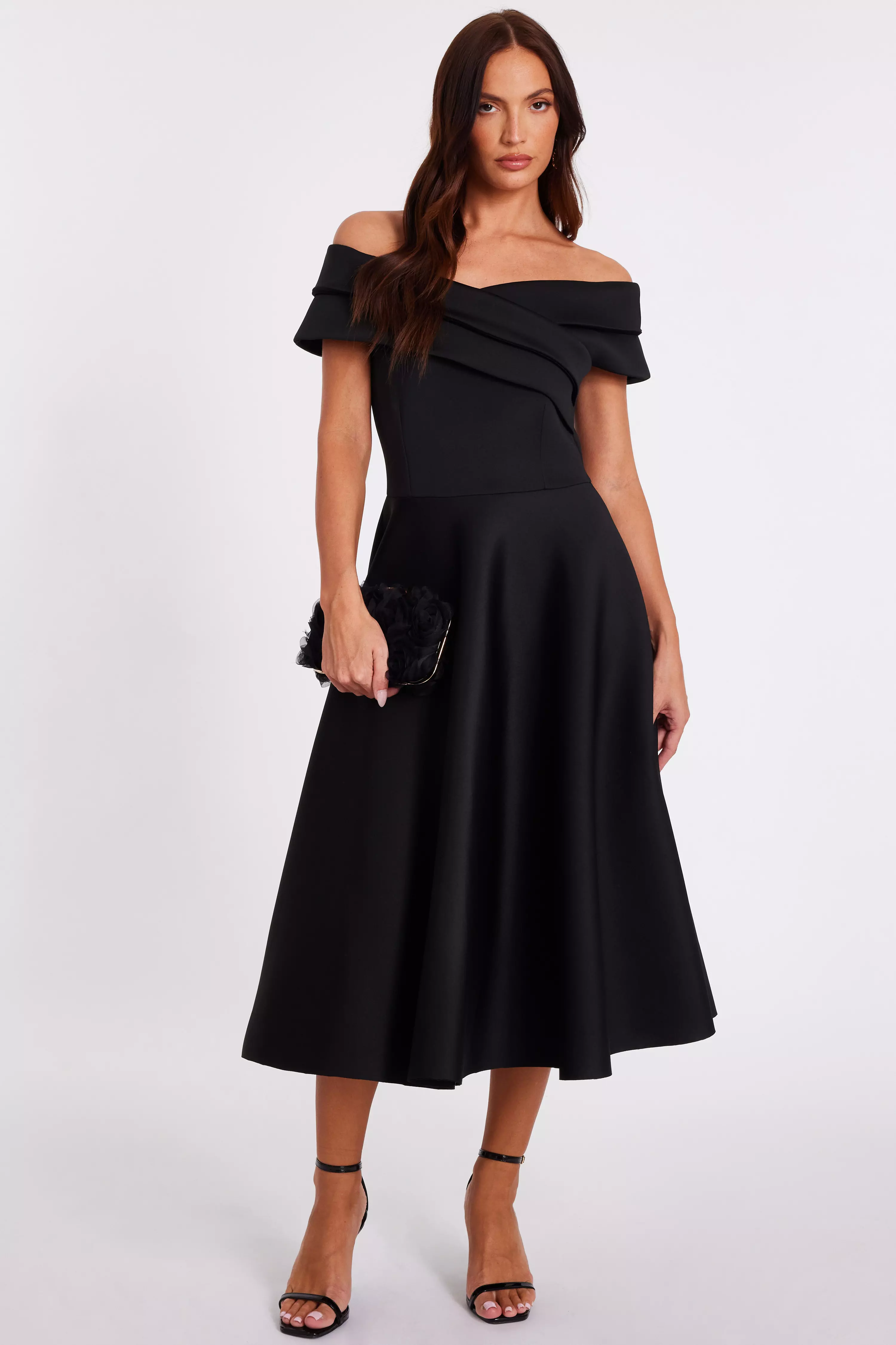 Black Pleated Bardot Midaxi Dress