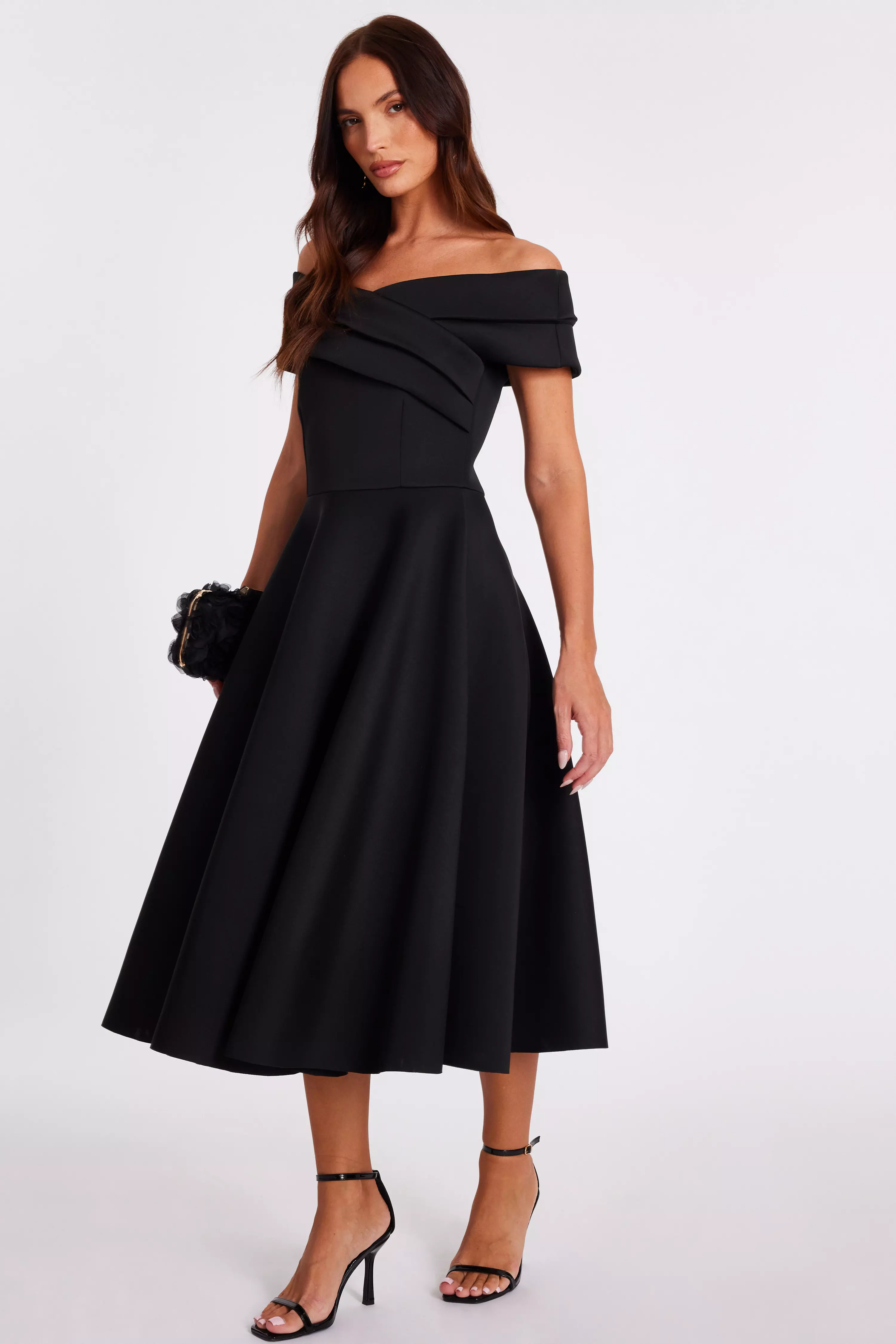 Black Pleated Bardot Midaxi Dress