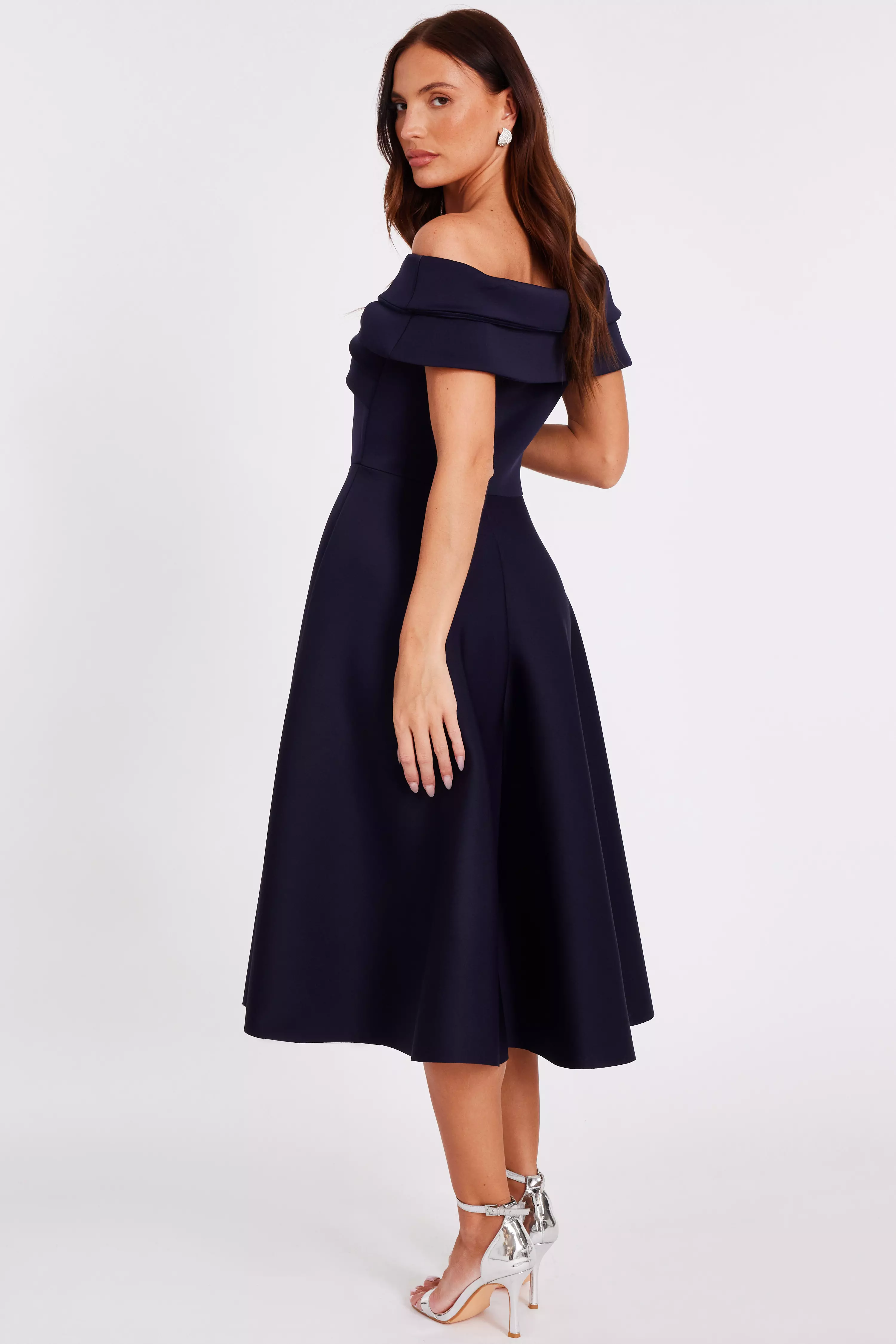 Navy Pleated Bardot Midi Dress