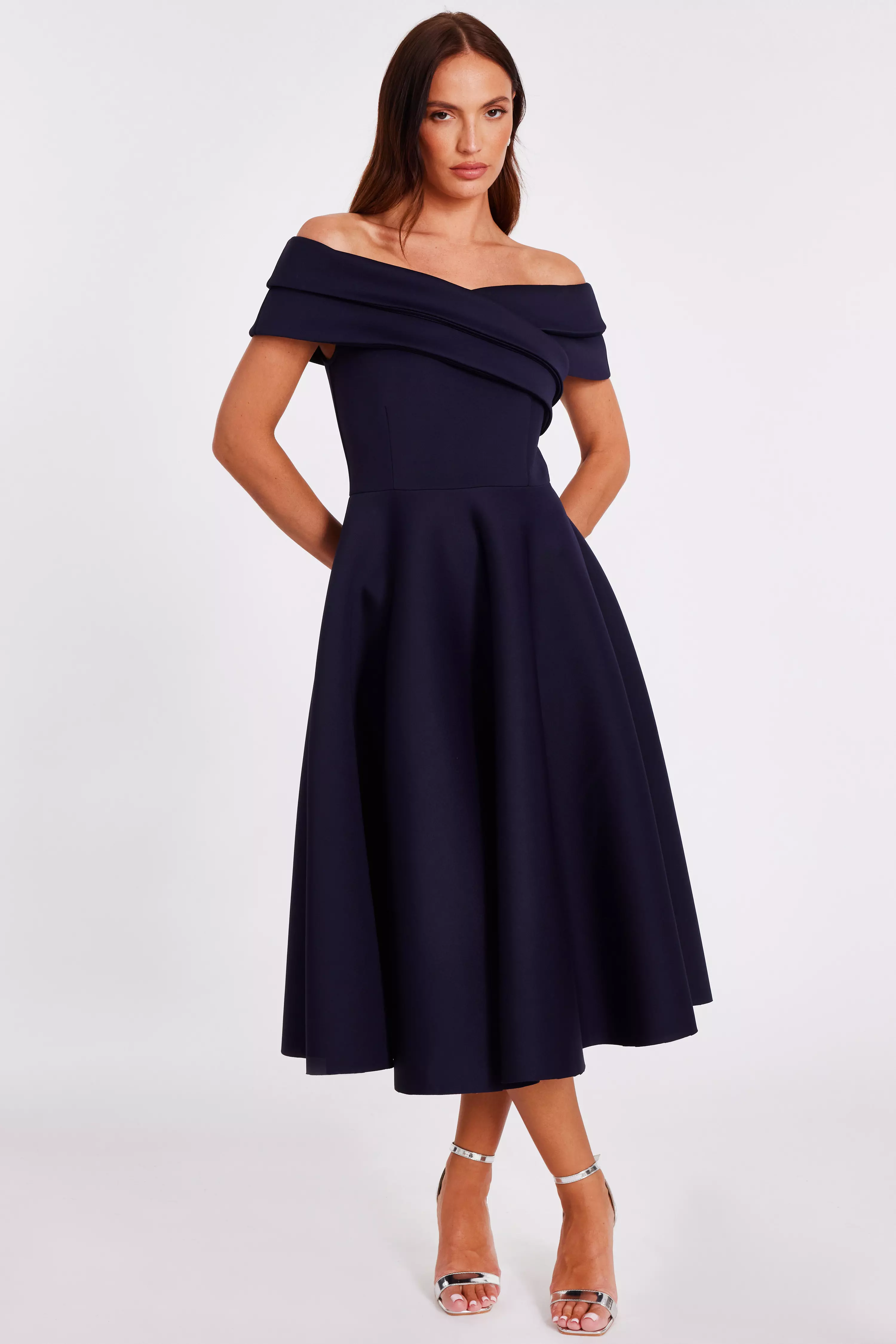 Navy Pleated Bardot Midi Dress
