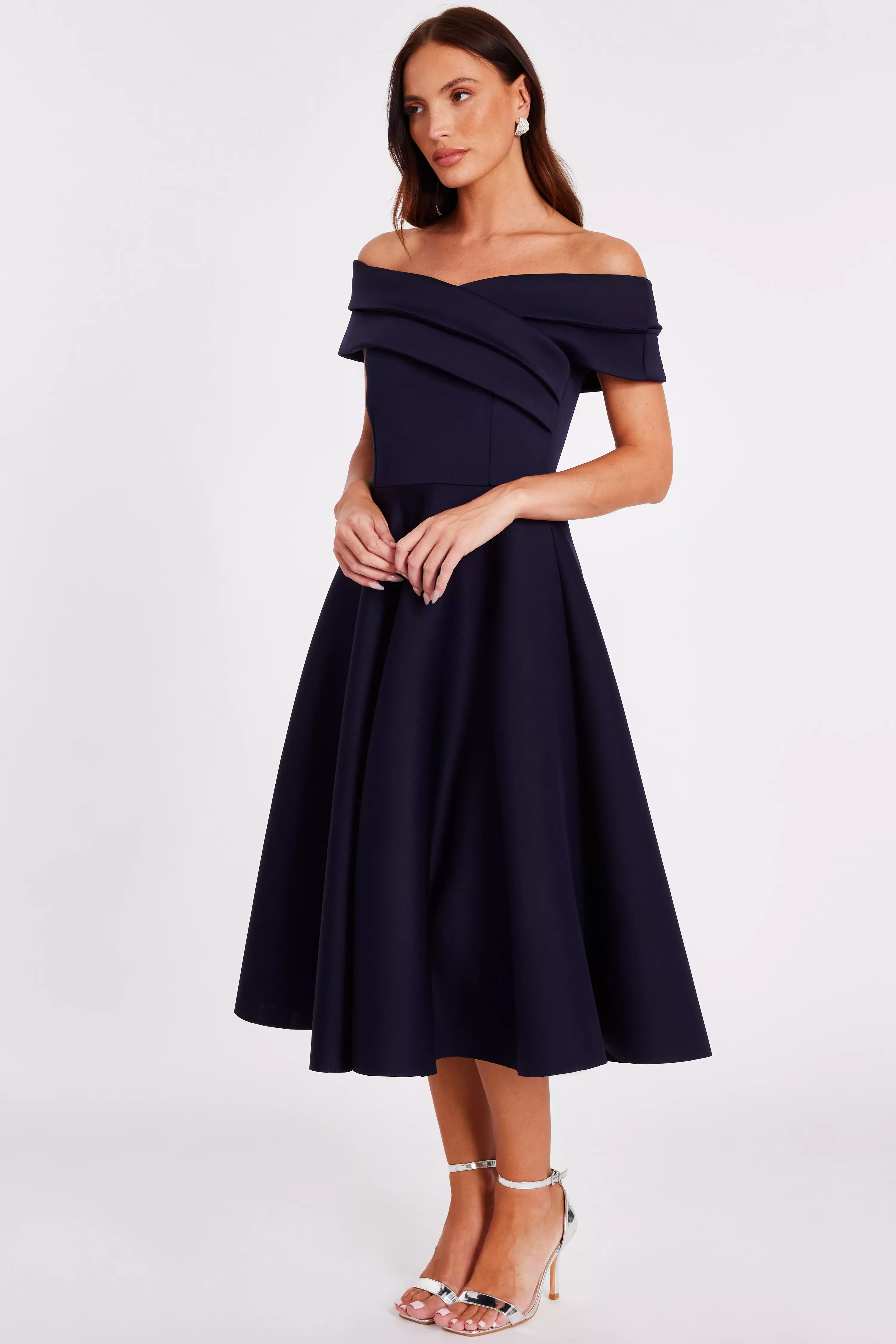 Navy Pleated Bardot Midi Dress
