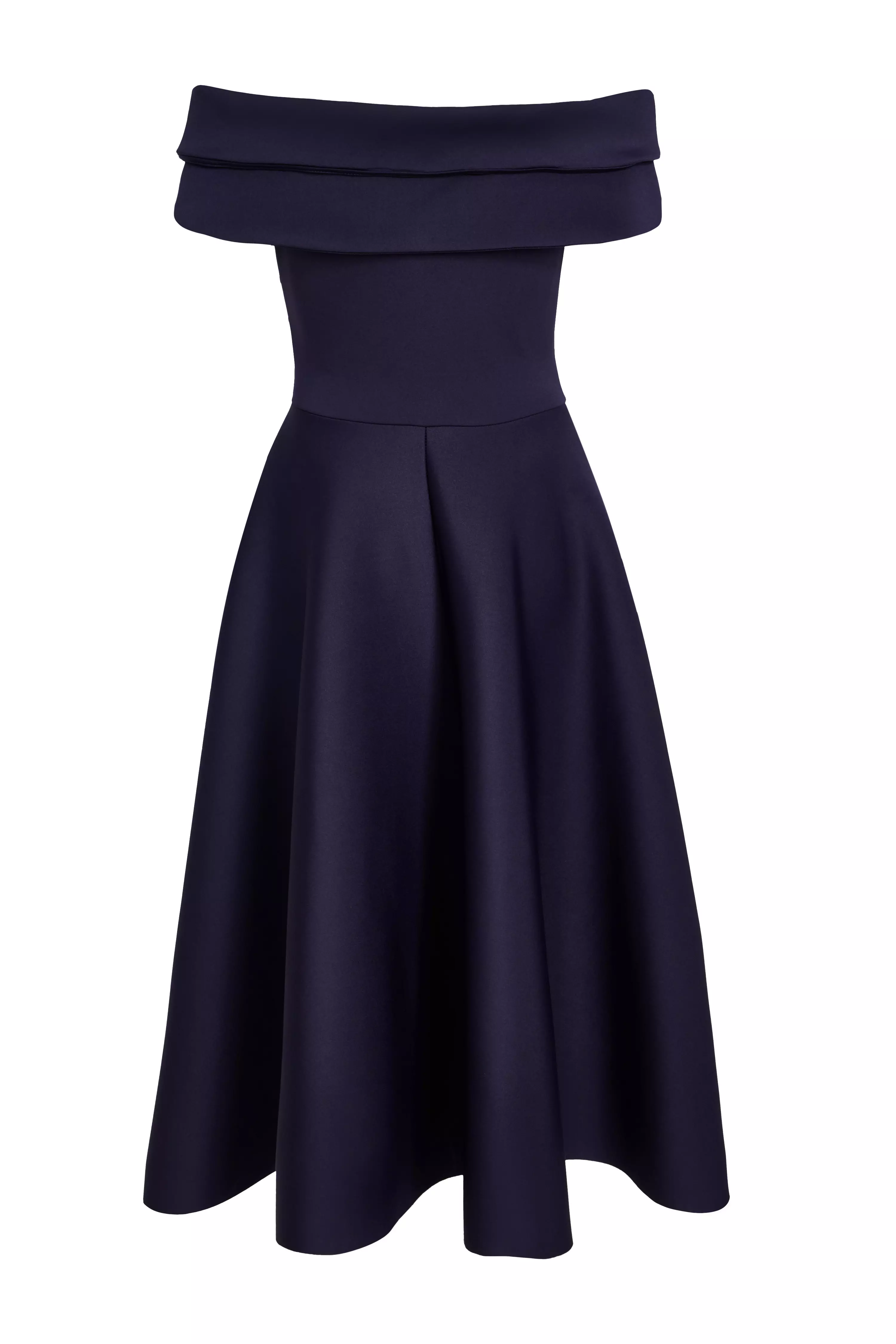 Navy Pleated Bardot Midi Dress