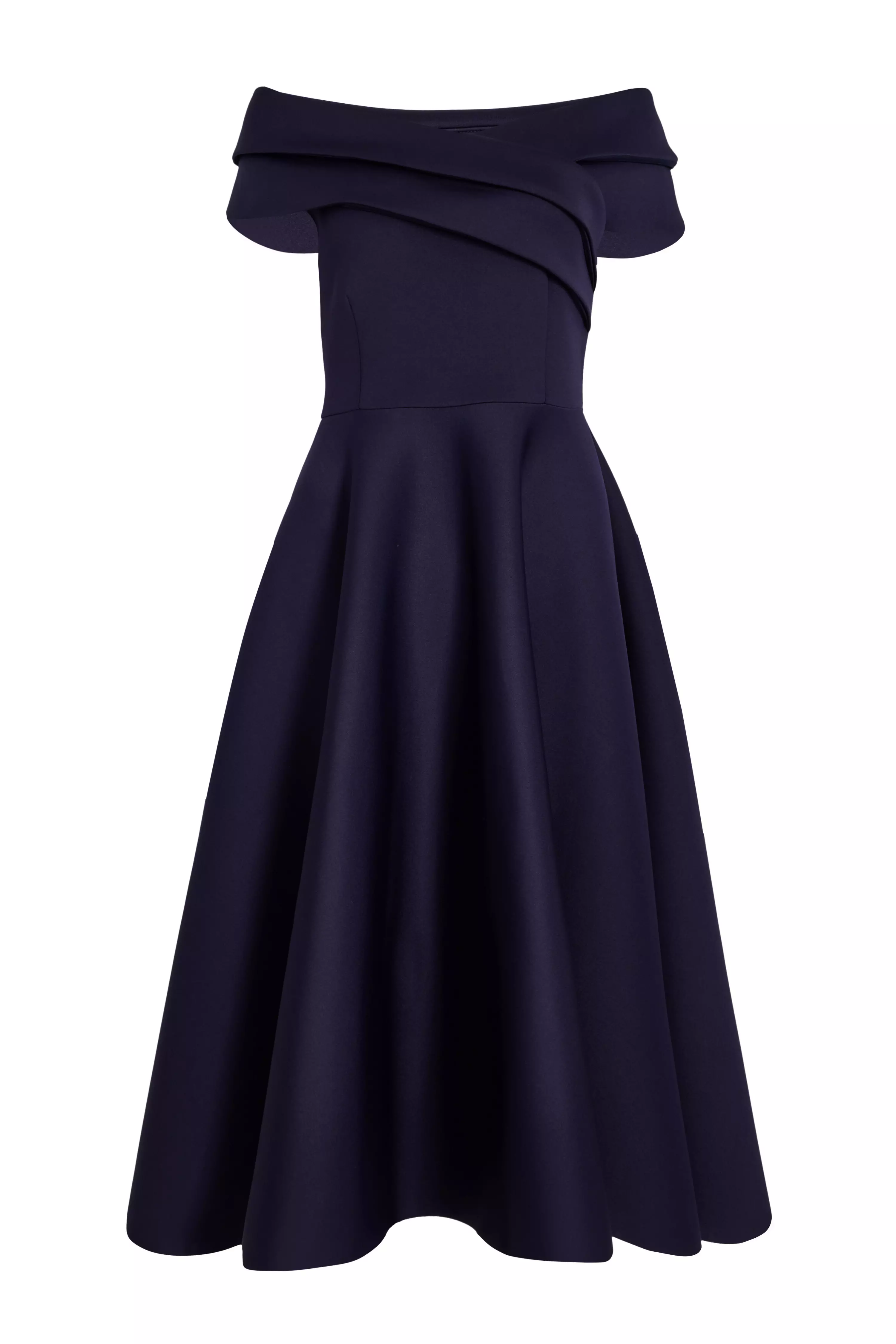 Navy Pleated Bardot Midi Dress
