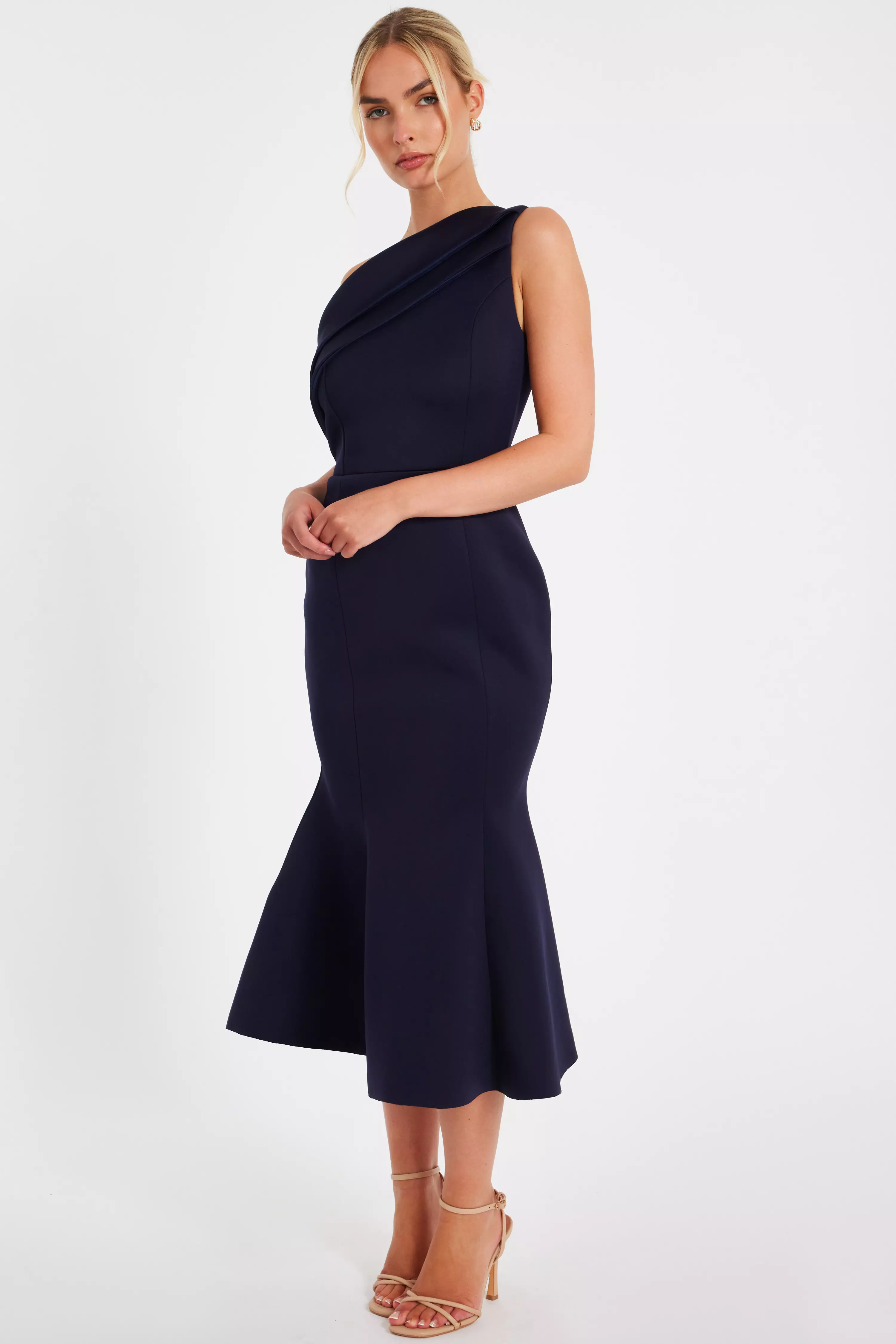 Navy One Shoulder Peplum Dress