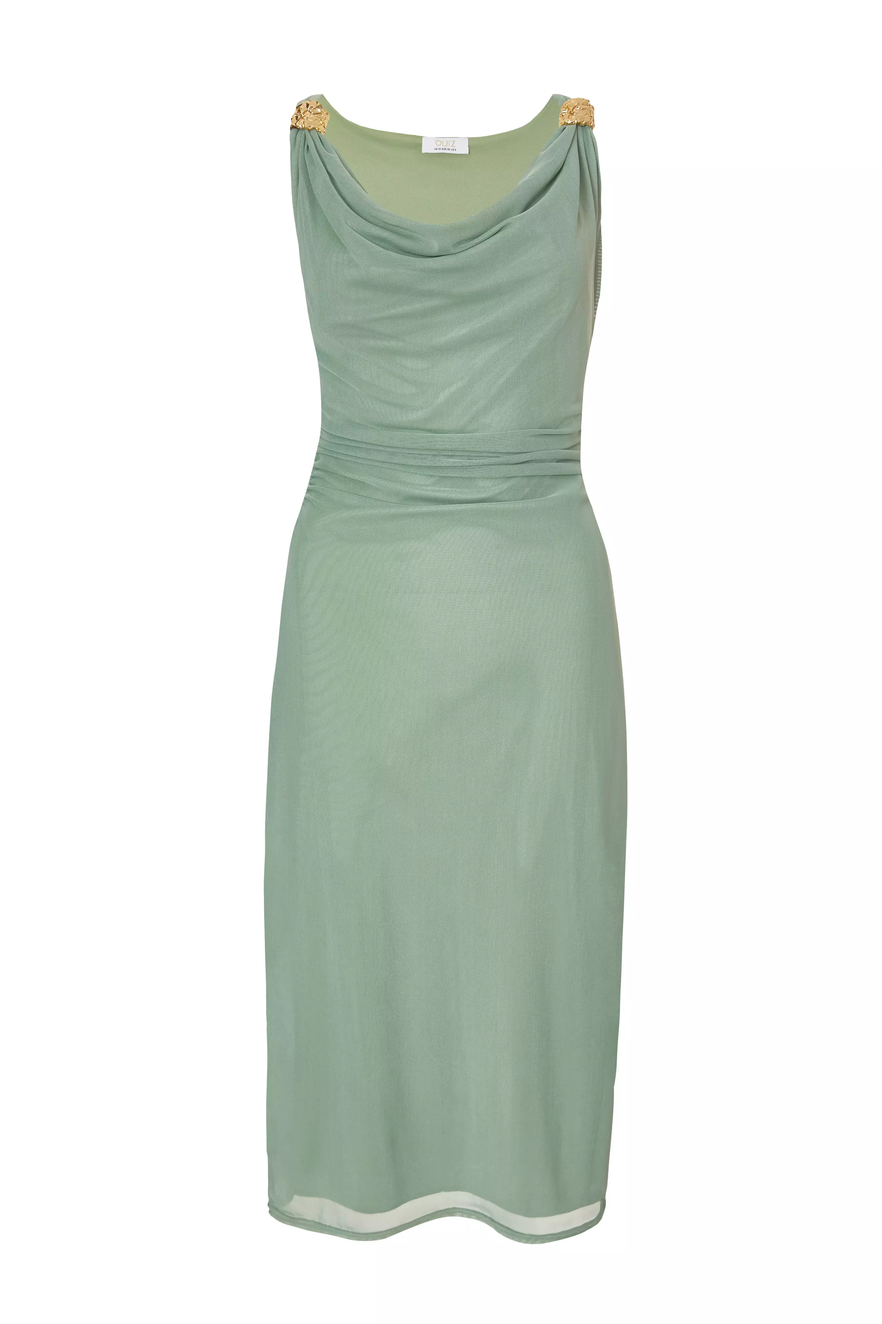Light Green Mesh Buckle Detail Midi Dress