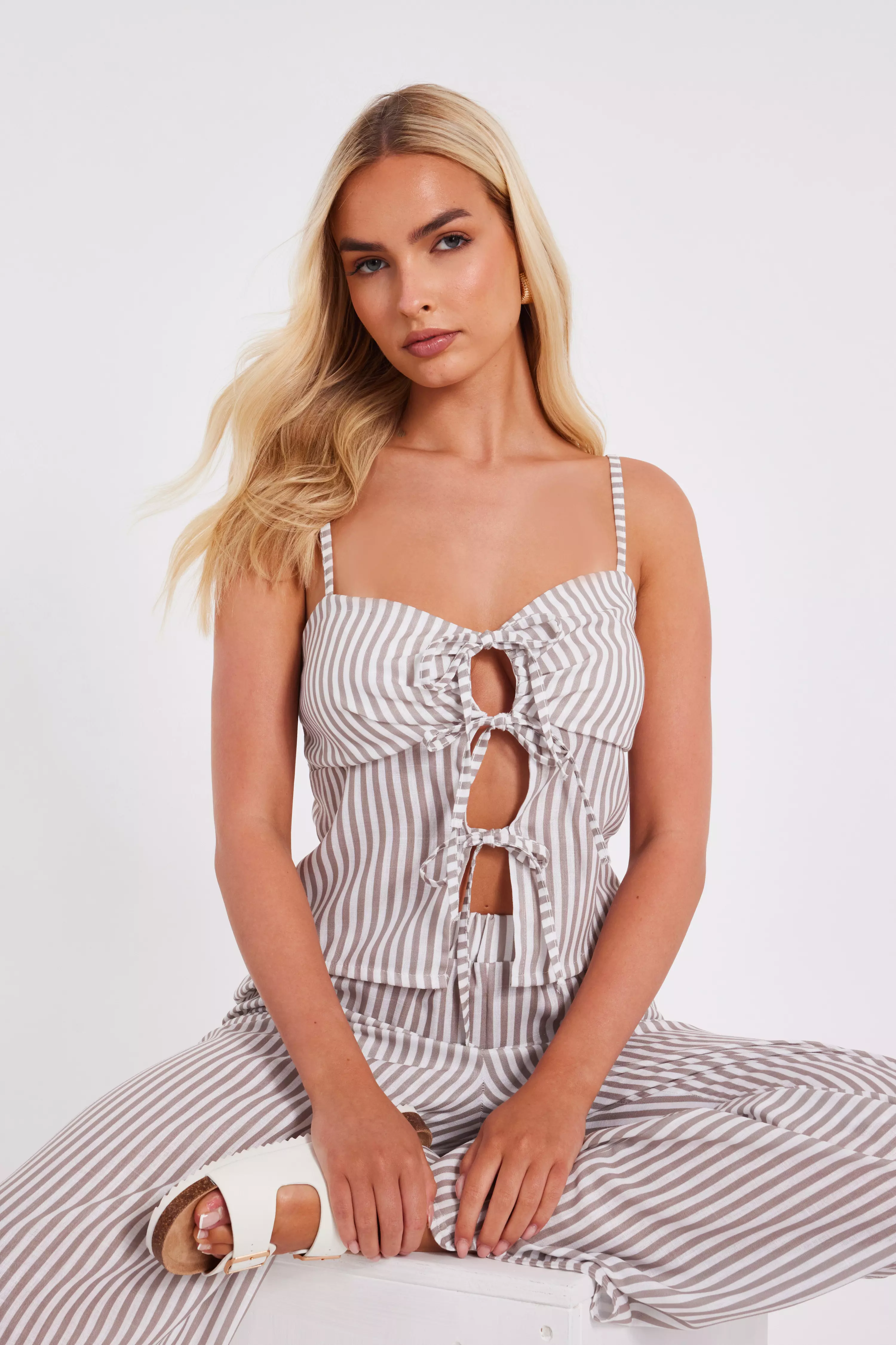 Stone Striped Tie Front Top